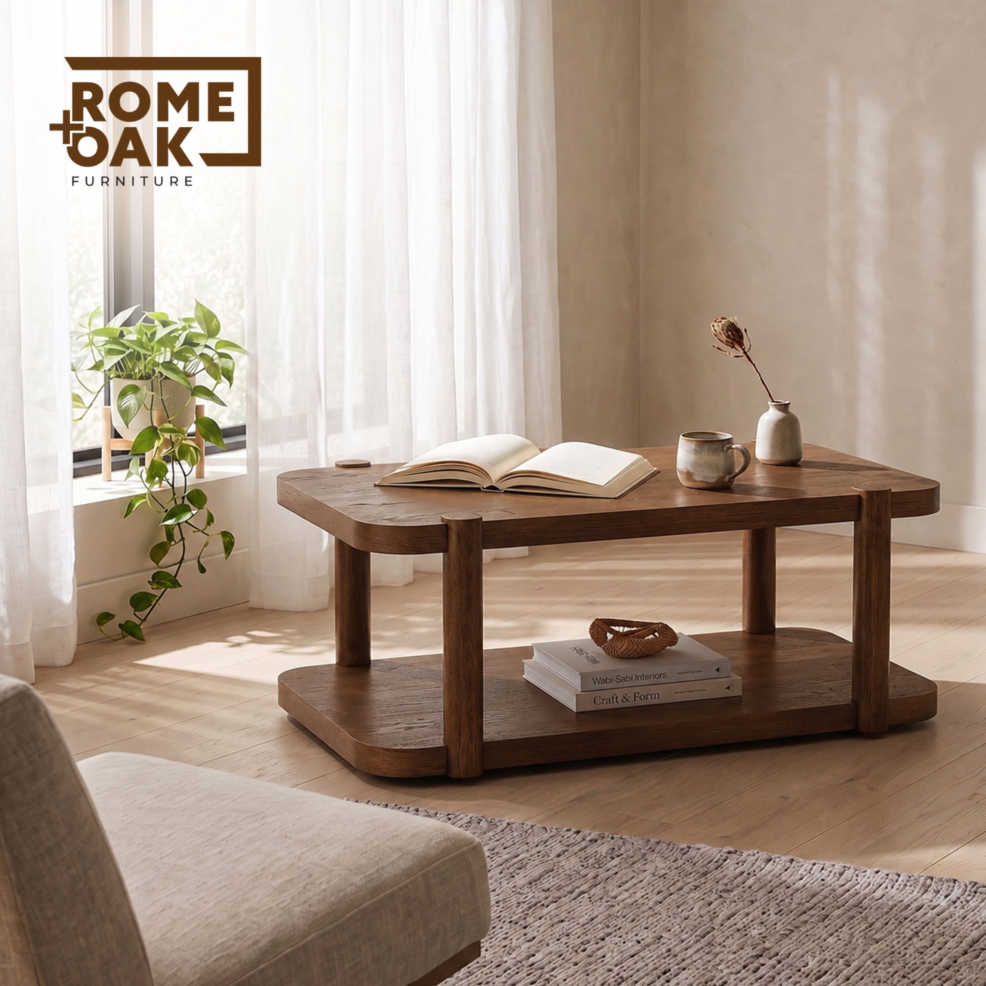 ROME + OAK Coriles Cocktail Table, Wood Rectangle Furniture w/ Shelf, Walnut