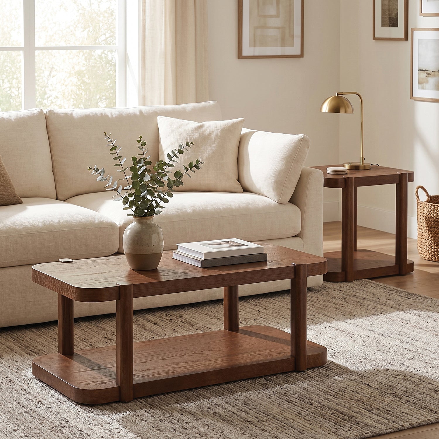 ROME + OAK Coriles End Table, Wood Home Accent Furniture with Shelf, Walnut