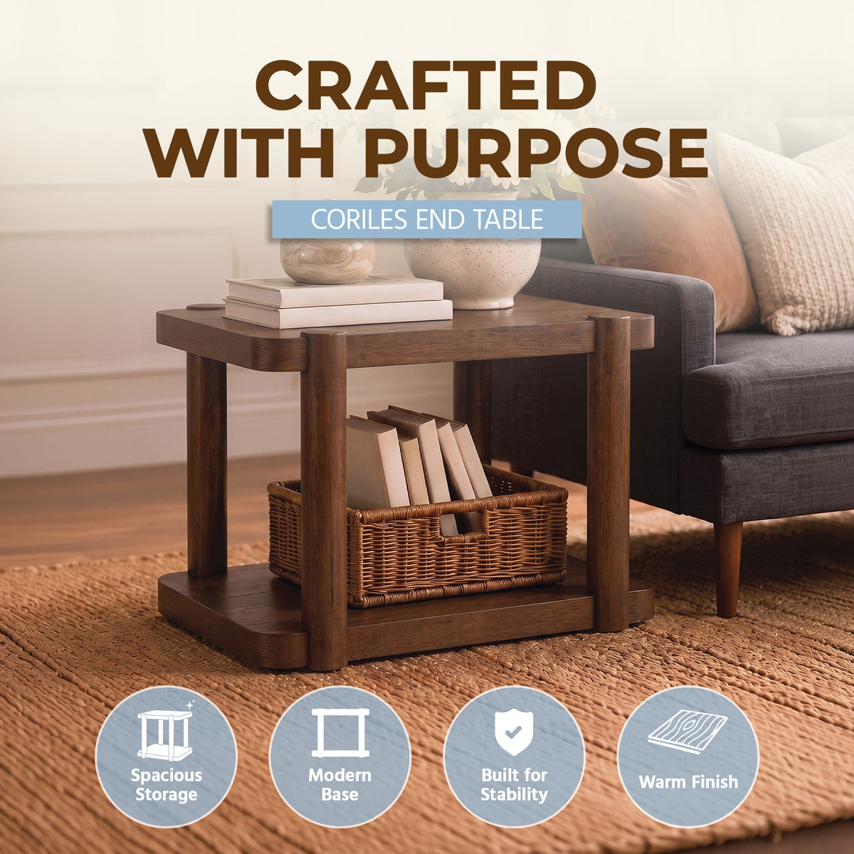 ROME + OAK Coriles End Table, Wood Home Accent Furniture with Shelf, Walnut