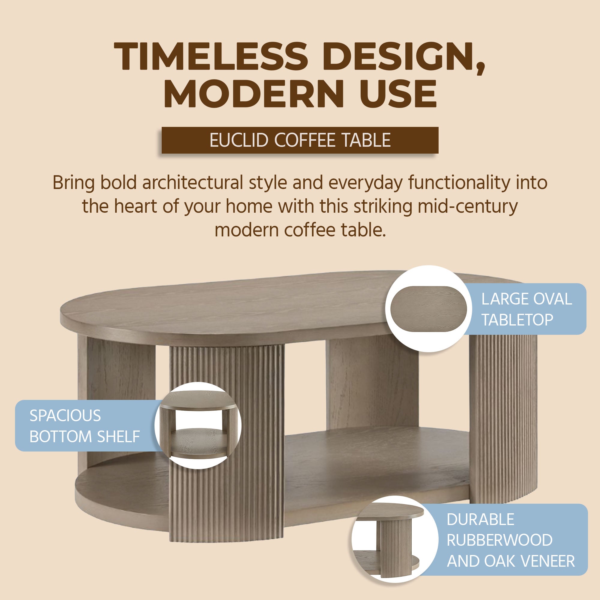 ROME + OAK Euclid Coffee Table, Rustic Wood Living Room Centerpiece, Beige - VMInnovations