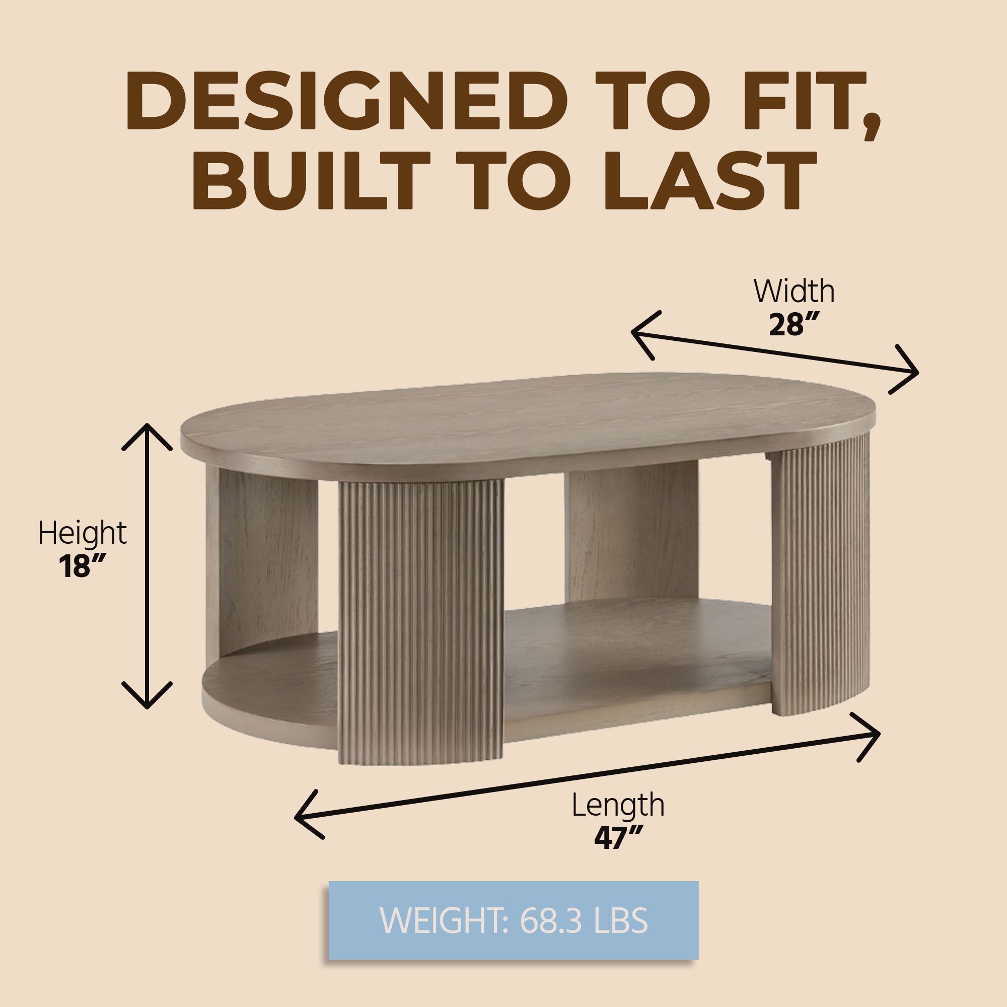 ROME + OAK Euclid Coffee Table, Rustic Wood Living Room Centerpiece, Beige - VMInnovations