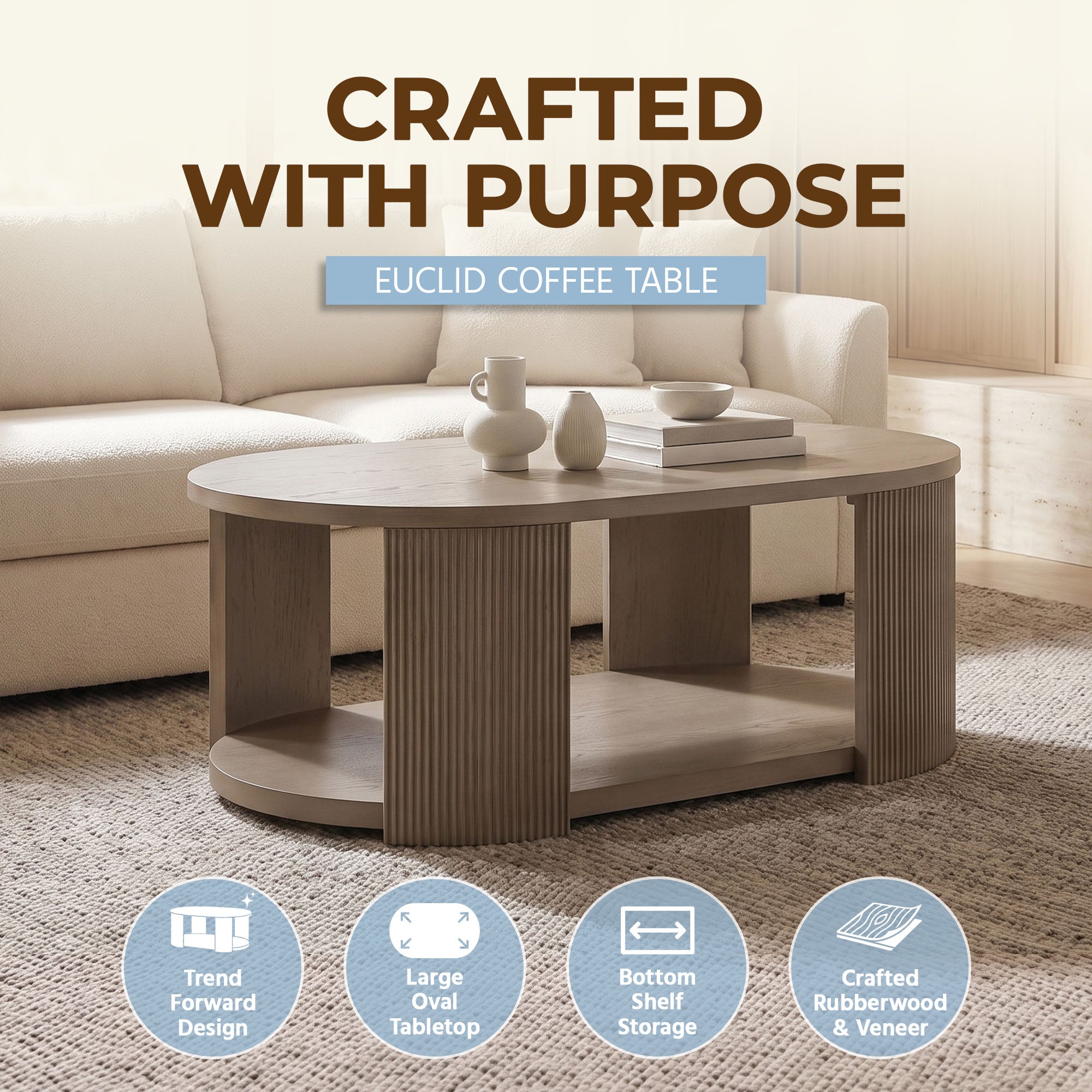 ROME + OAK Euclid Coffee Table, Rustic Wood Living Room Centerpiece, Beige - VMInnovations