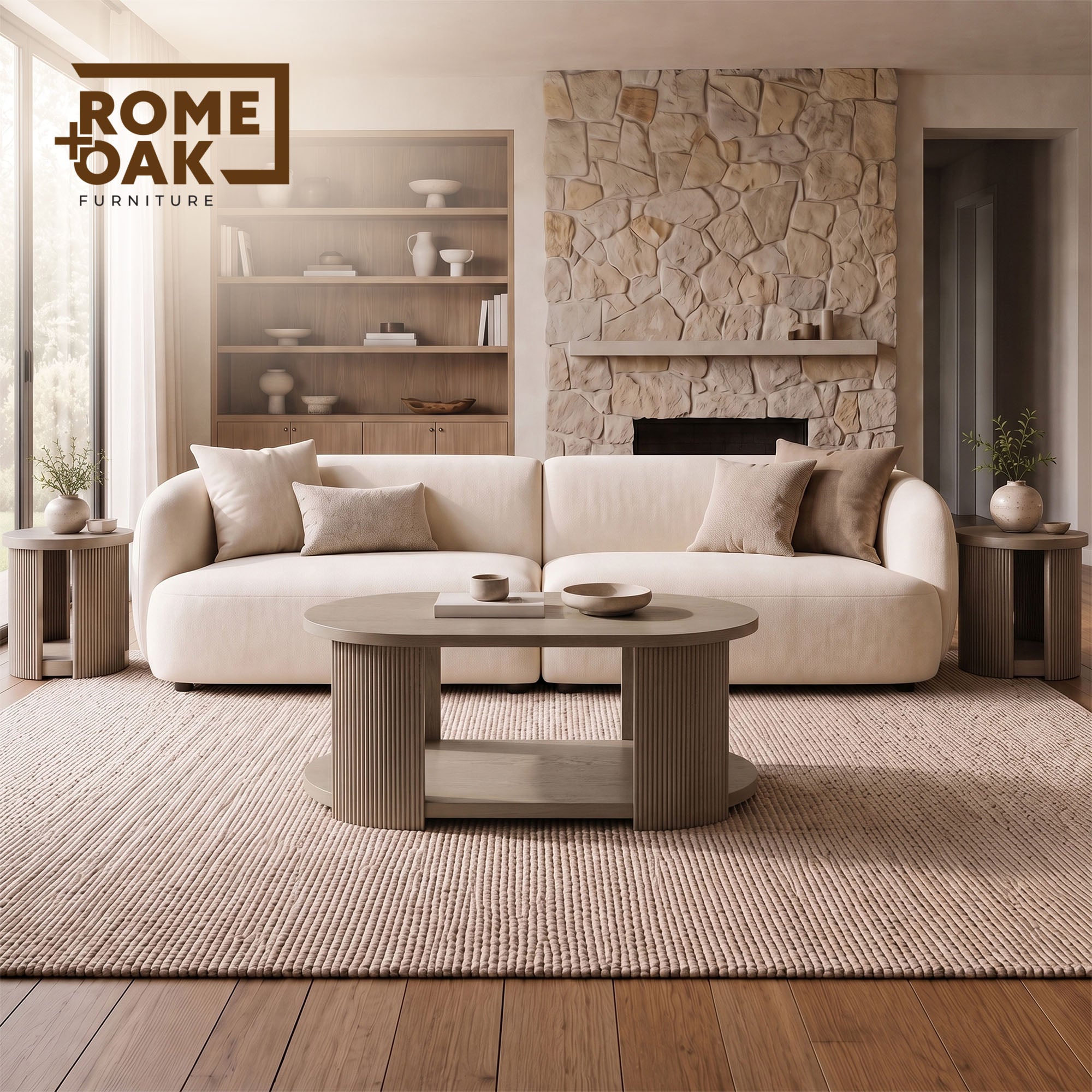 ROME + OAK Euclid Coffee Table, Rustic Wood Living Room Centerpiece, Beige - VMInnovations