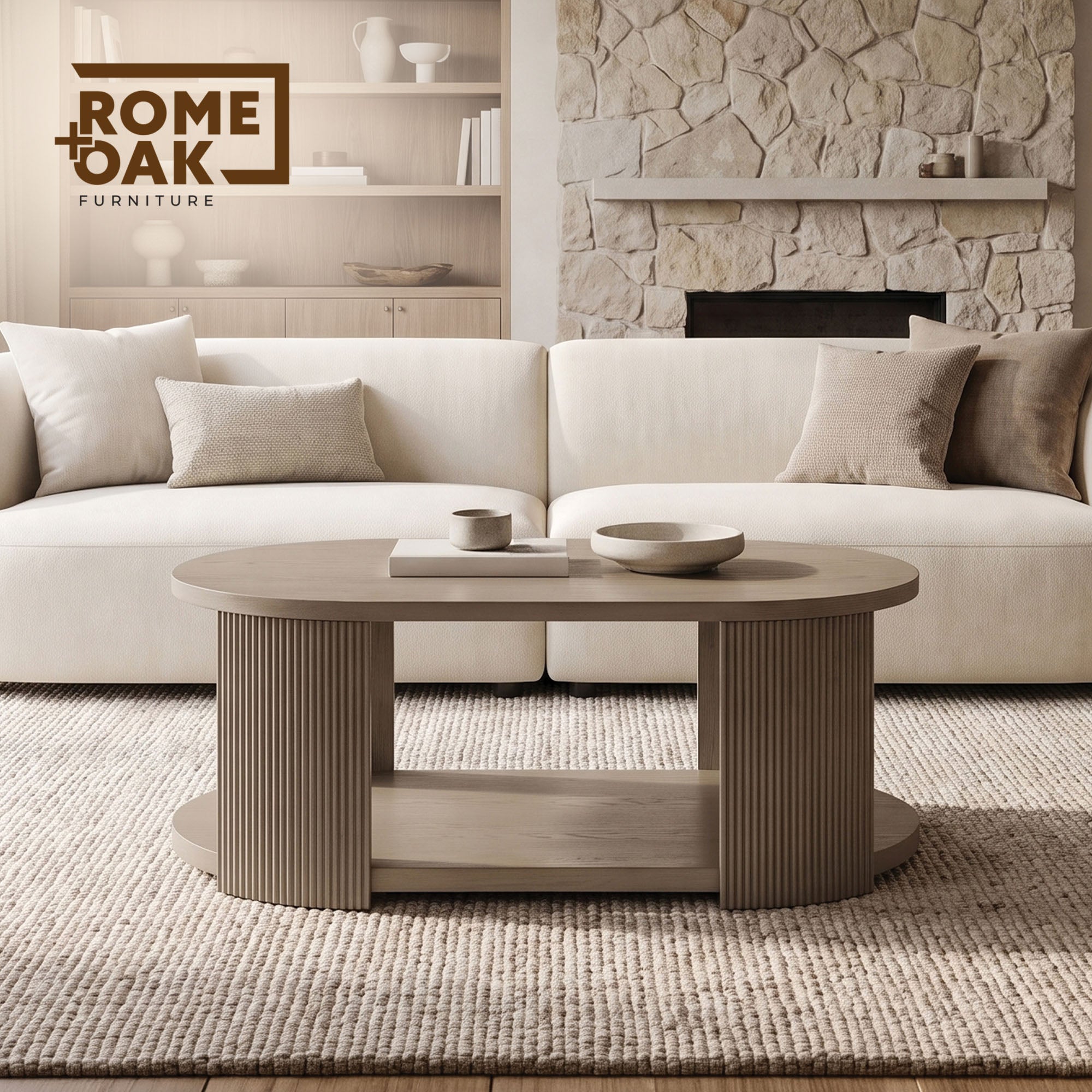 ROME + OAK Euclid Coffee Table, Rustic Wood Living Room Centerpiece, Beige - VMInnovations