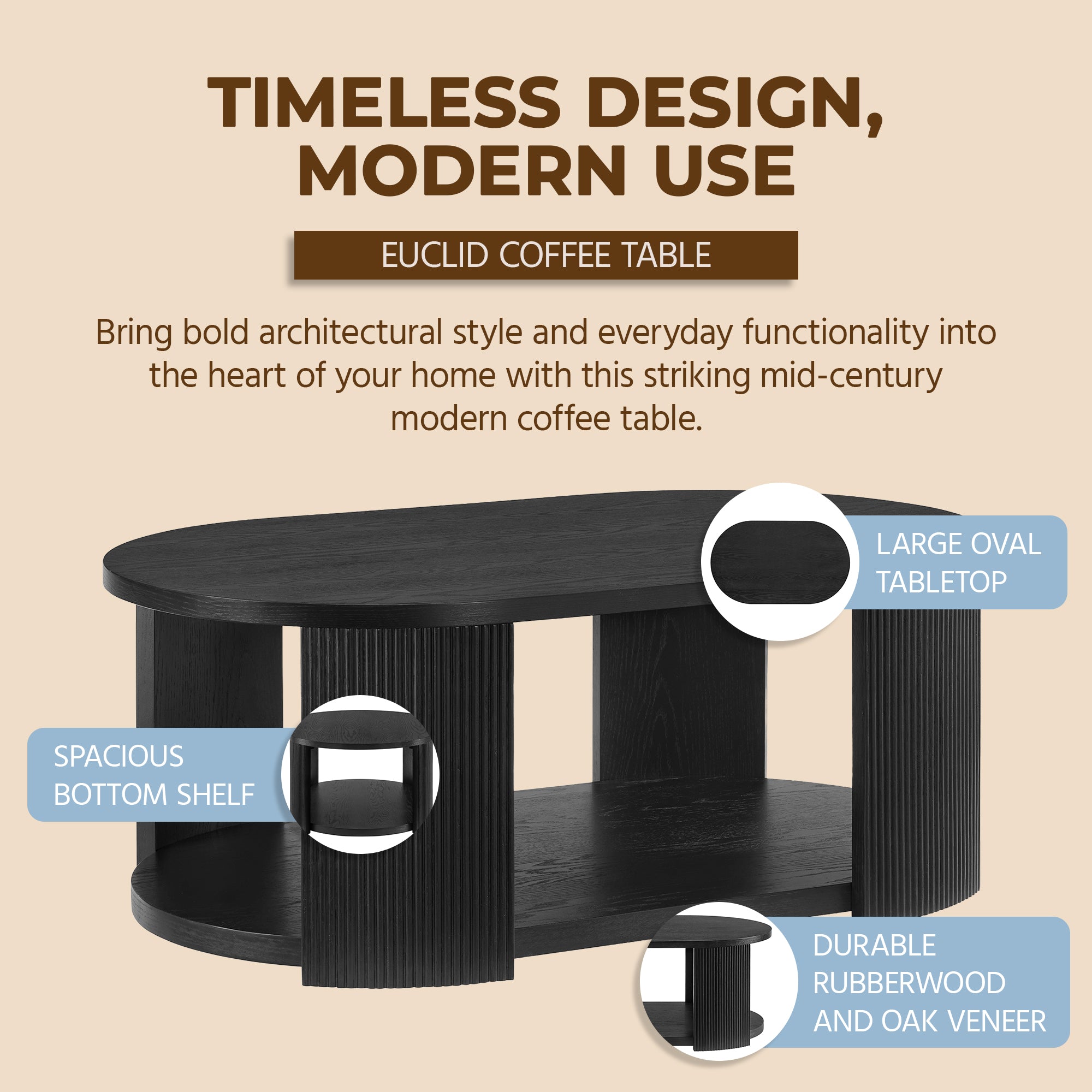 ROME + OAK Euclid Coffee Table, Rustic Wood Living Room Centerpiece, Black - VMInnovations