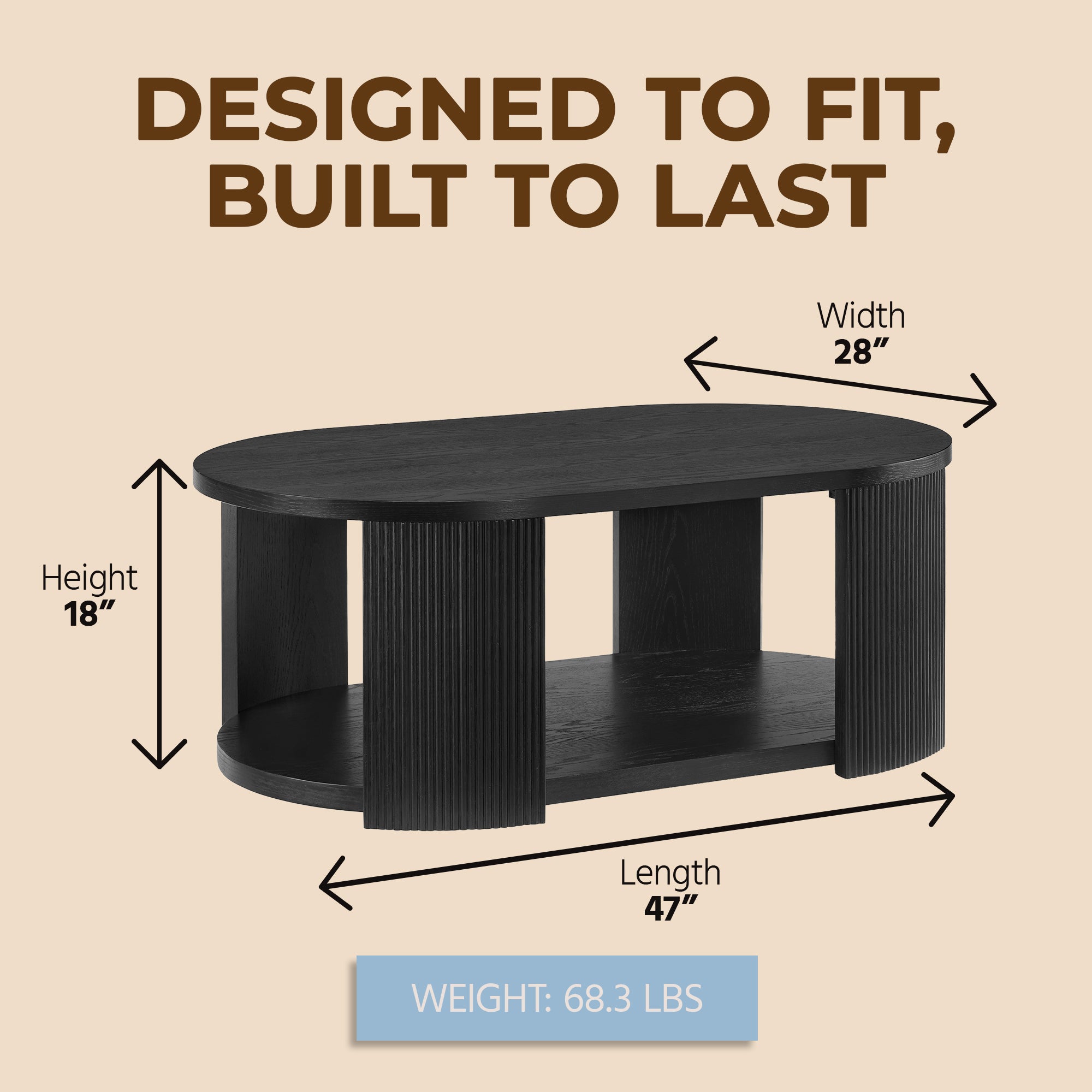 ROME + OAK Euclid Coffee Table, Rustic Wood Living Room Centerpiece, Black - VMInnovations