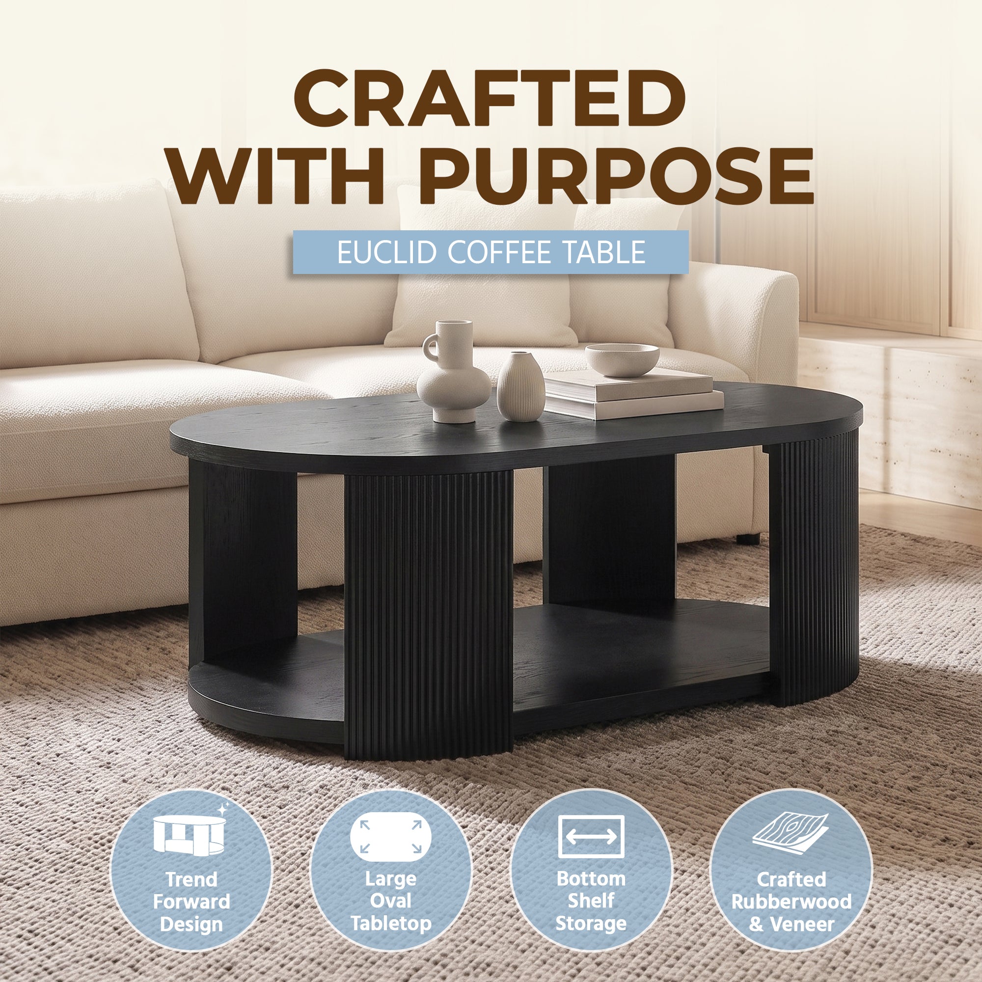 ROME + OAK Euclid Coffee Table, Rustic Wood Living Room Centerpiece, Black - VMInnovations
