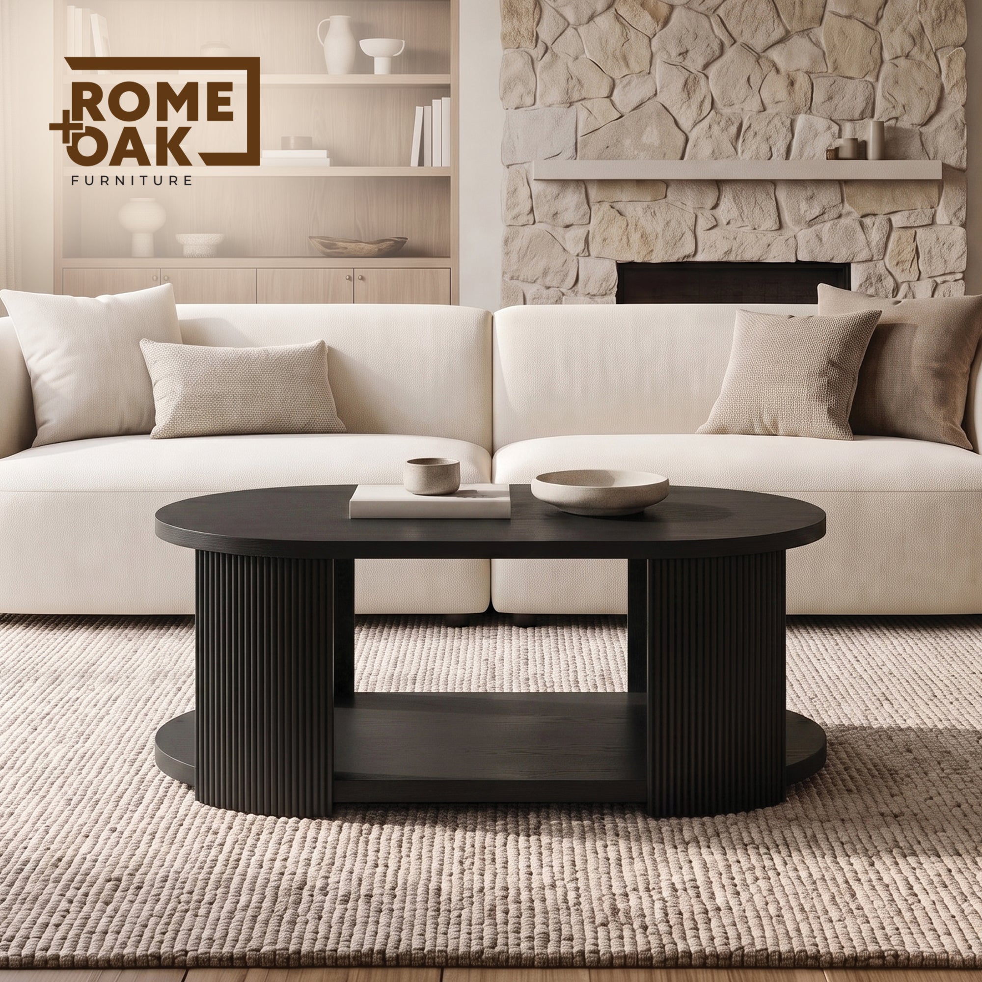 ROME + OAK Euclid Coffee Table, Rustic Wood Living Room Centerpiece, Black - VMInnovations
