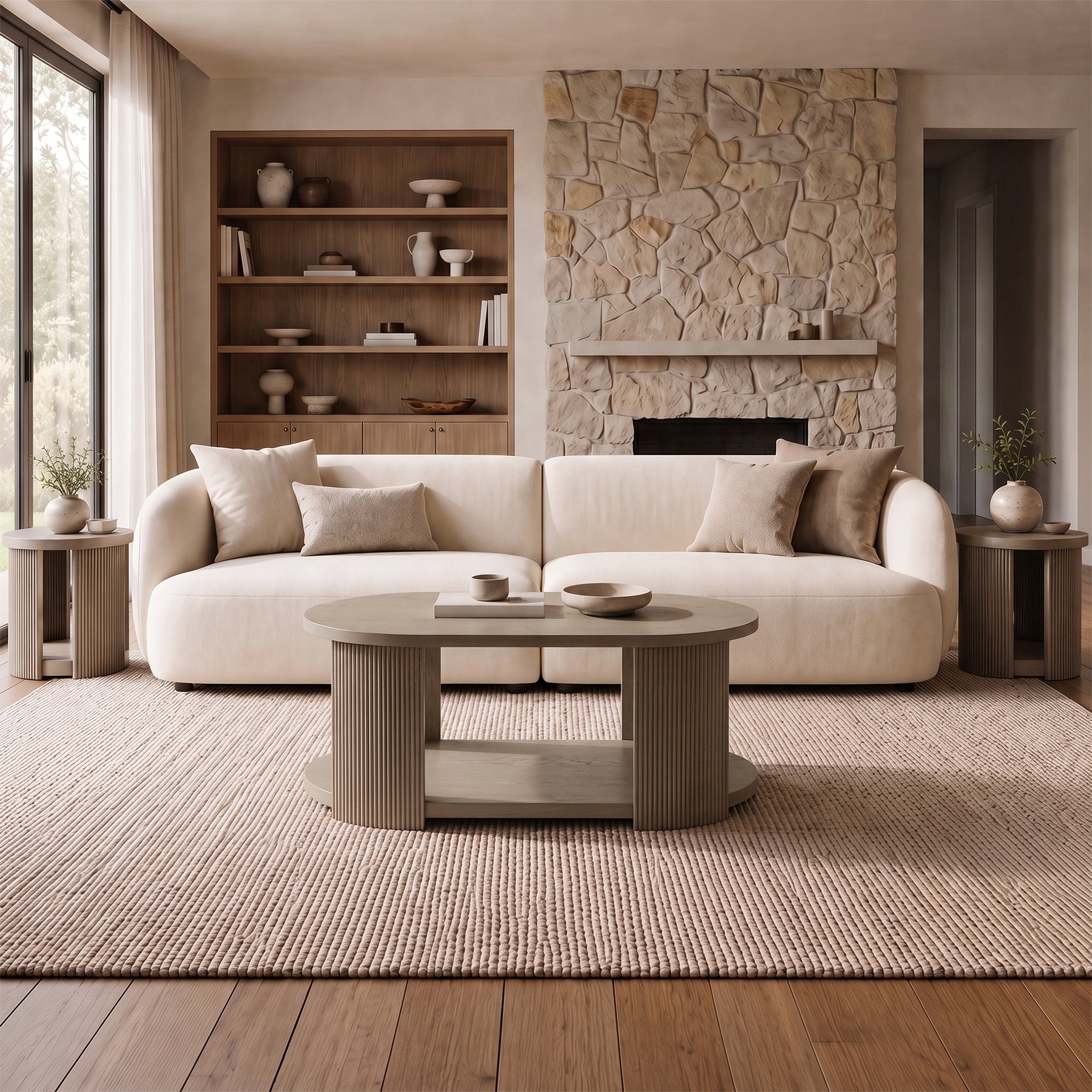 ROME + OAK Euclid Round End Table, Wood Home Accent Furniture with Shelf, Beige