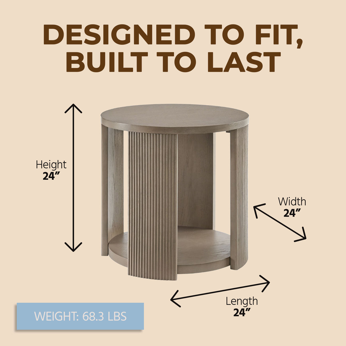 ROME + OAK Euclid Round End Table, Wood Home Accent Furniture with Shelf, Beige