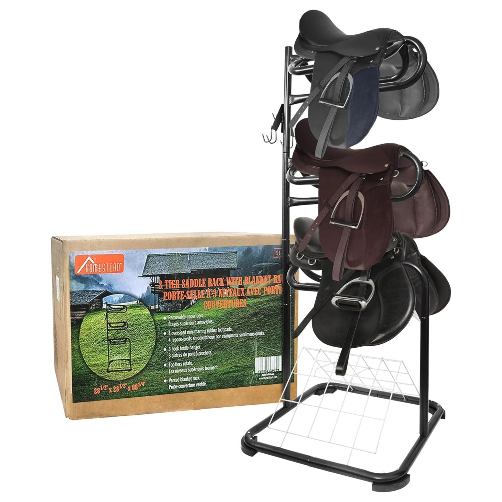 HOMESTEAD 3-Tier Saddle Rack, Horse Saddle Stand w/ Rotating Tiers & Bridle Rack