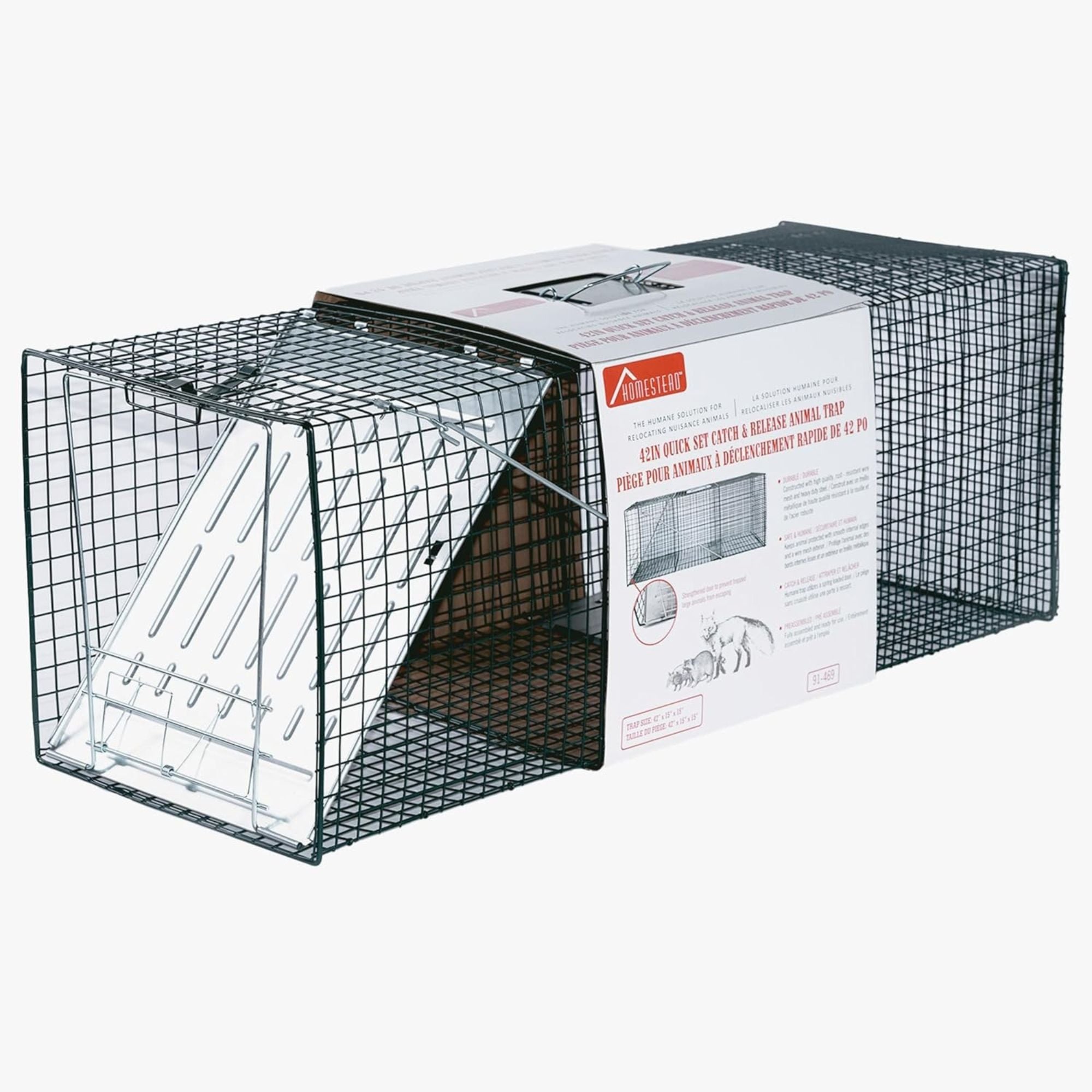 Homestead 42'' Live Animal Trap, Quick Set Steel Cage for Humane Catch & Release