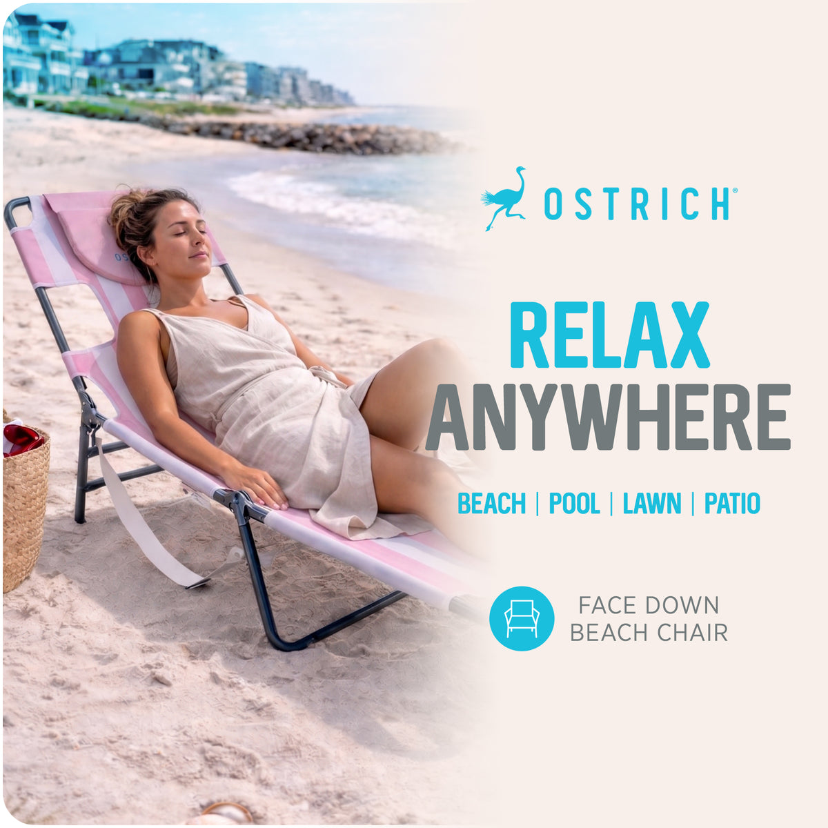 Ostrich The Original Chaise Lounge,Facedown Beach Pool Tanning Chair Pink Stripe - VMInnovations