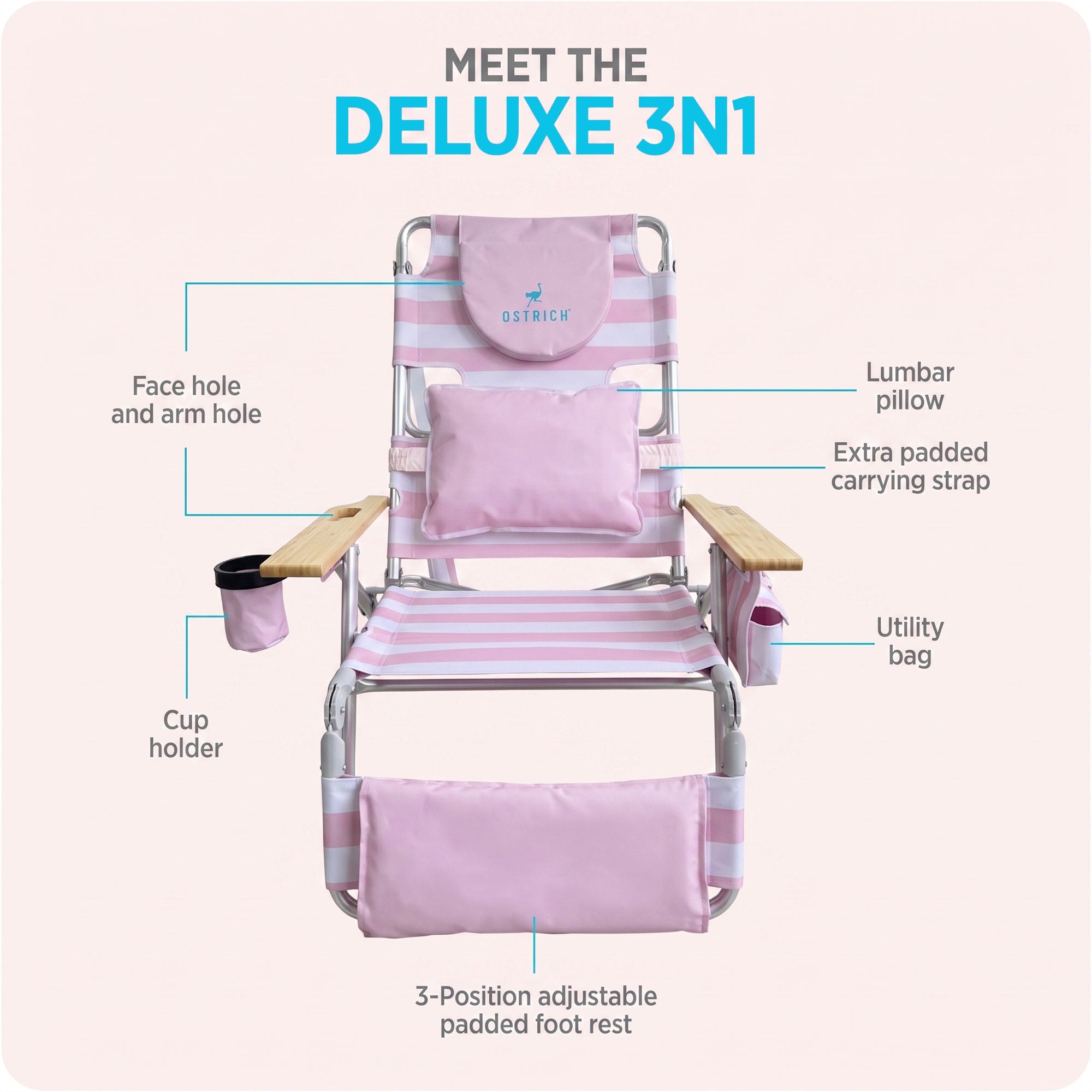 Ostrich The Deluxe 3N1 Lightweight Beach Lounge Chair w/ Footrest, Pink Stripe - VMInnovations