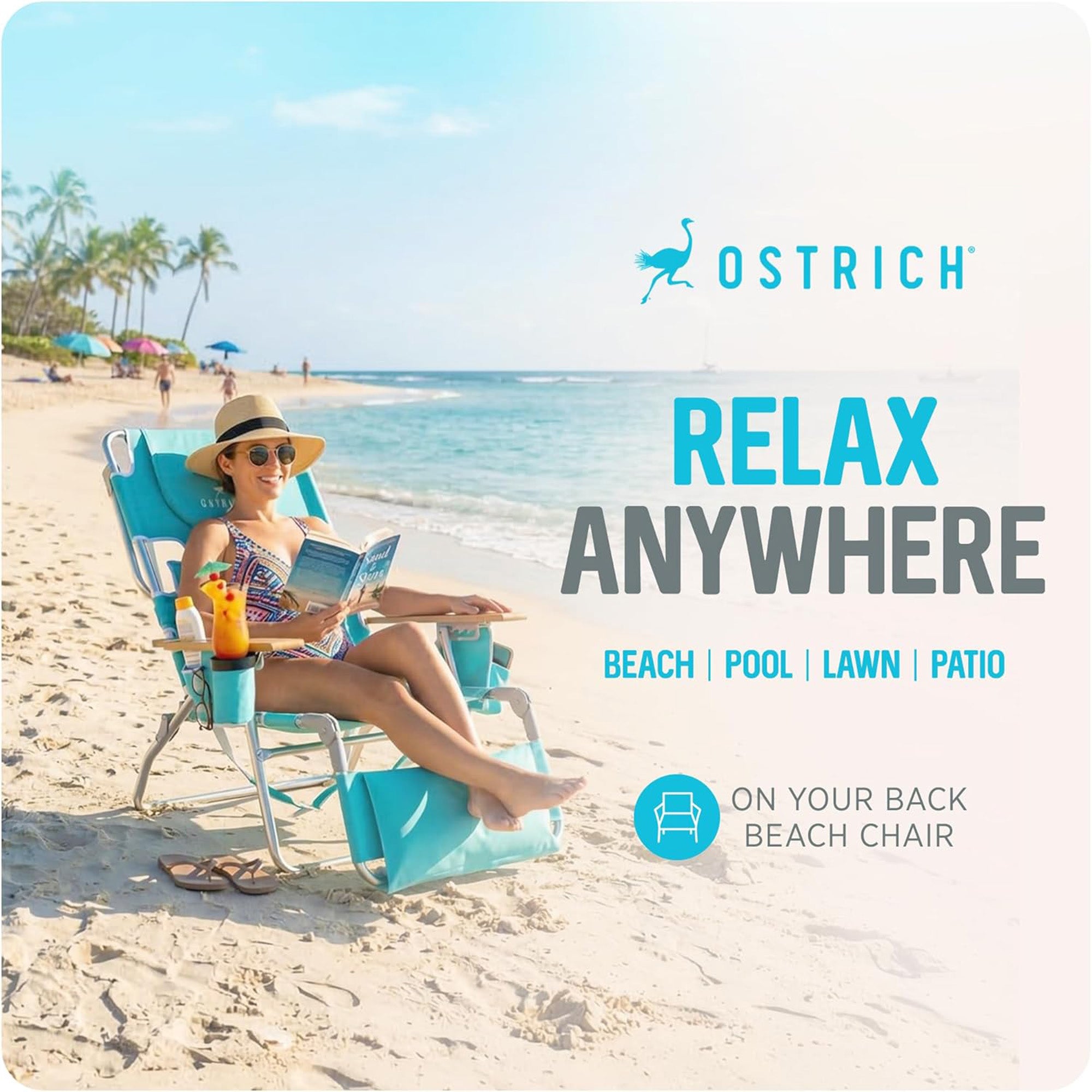 Ostrich The Deluxe 3N1 Lightweight Beach Lounge Chair w/ Footrest, Pink Stripe
