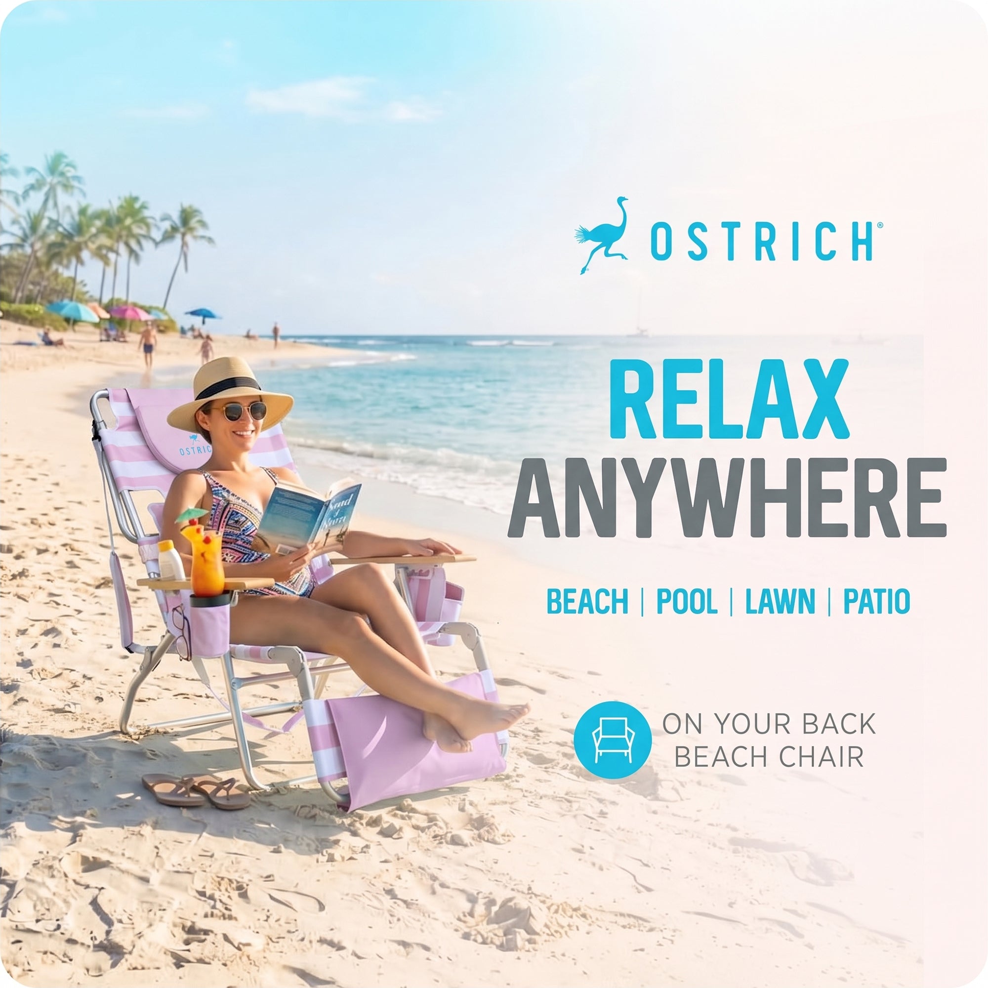 Ostrich The Deluxe 3N1 Lightweight Beach Lounge Chair w/ Footrest, (Open Box)