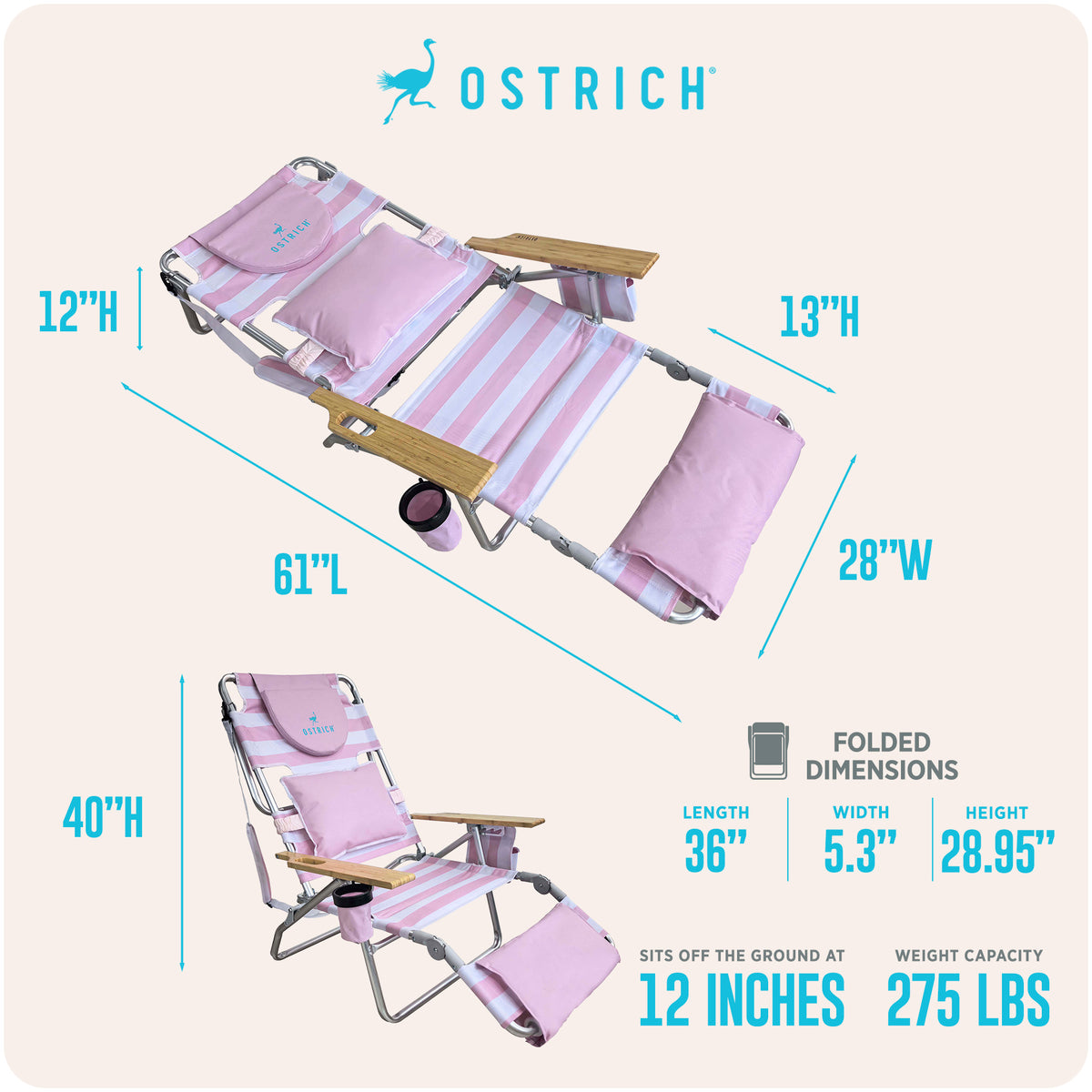 Ostrich The Deluxe 3N1 Lightweight Beach Lounge Chair w/ Footrest, Pink Stripe - VMInnovations