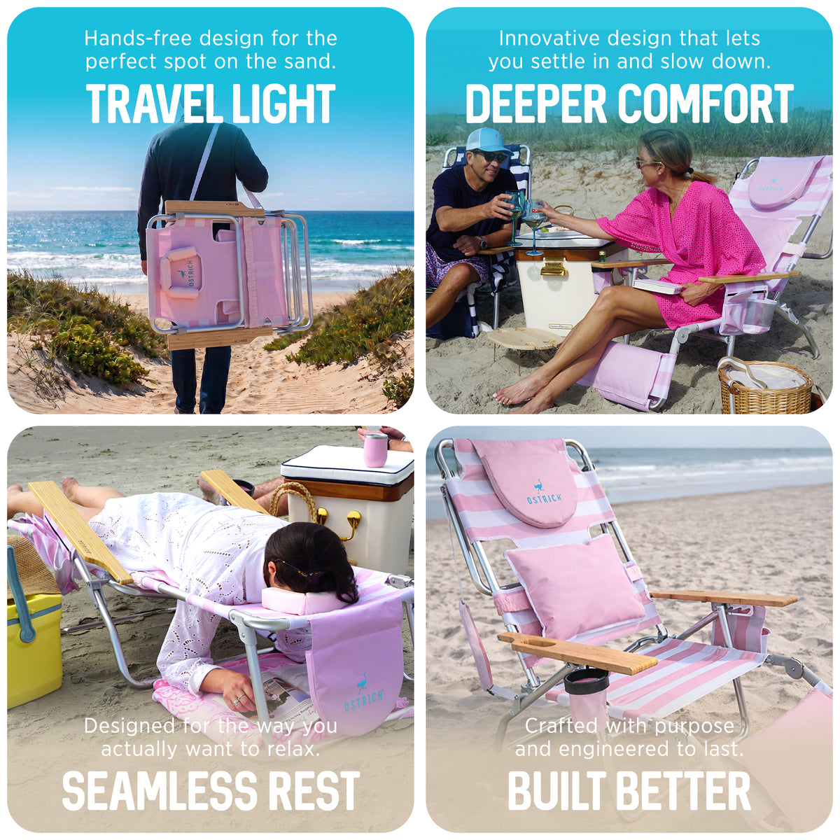 Ostrich The Deluxe 3N1 Lightweight Beach Lounge Chair w/ Footrest, Pink Stripe - VMInnovations