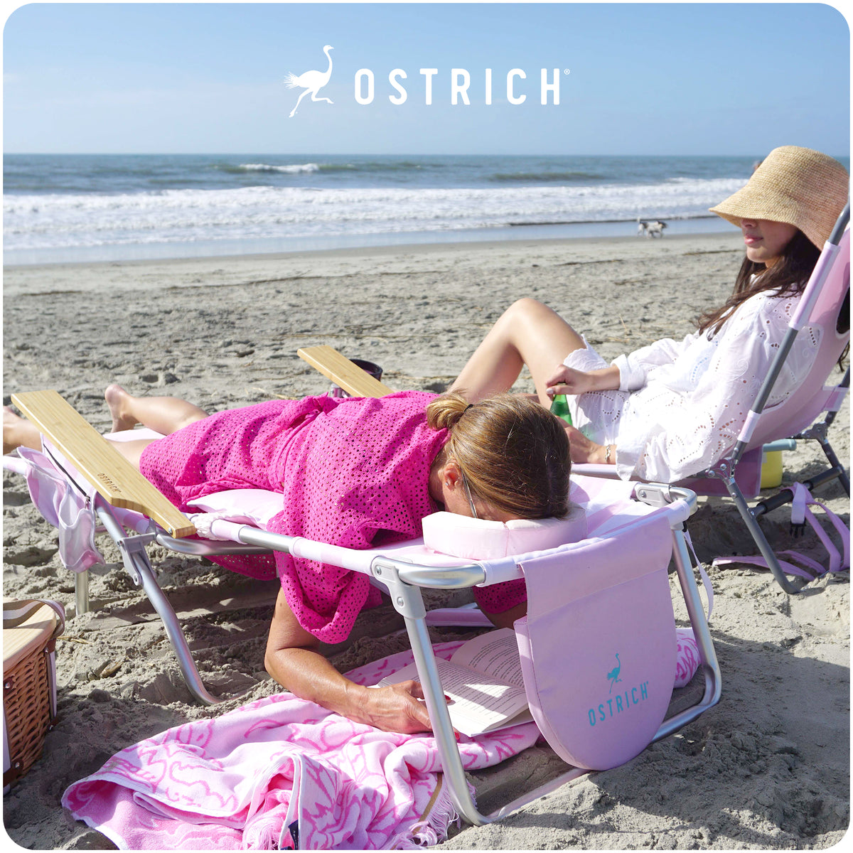 Ostrich The Deluxe 3N1 Lightweight Beach Lounge Chair w/ Footrest, Pink Stripe - VMInnovations