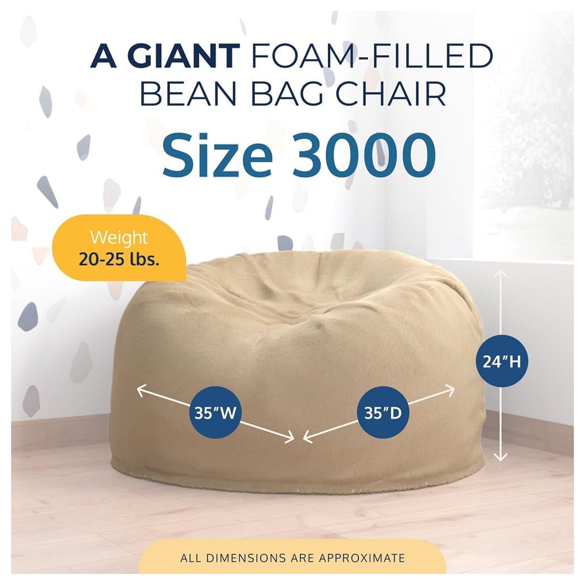Ultimate Sack 3 ft Bean Bag Chair, Oversized Indoor Comfy Lounger, Camel Fur - VMInnovations