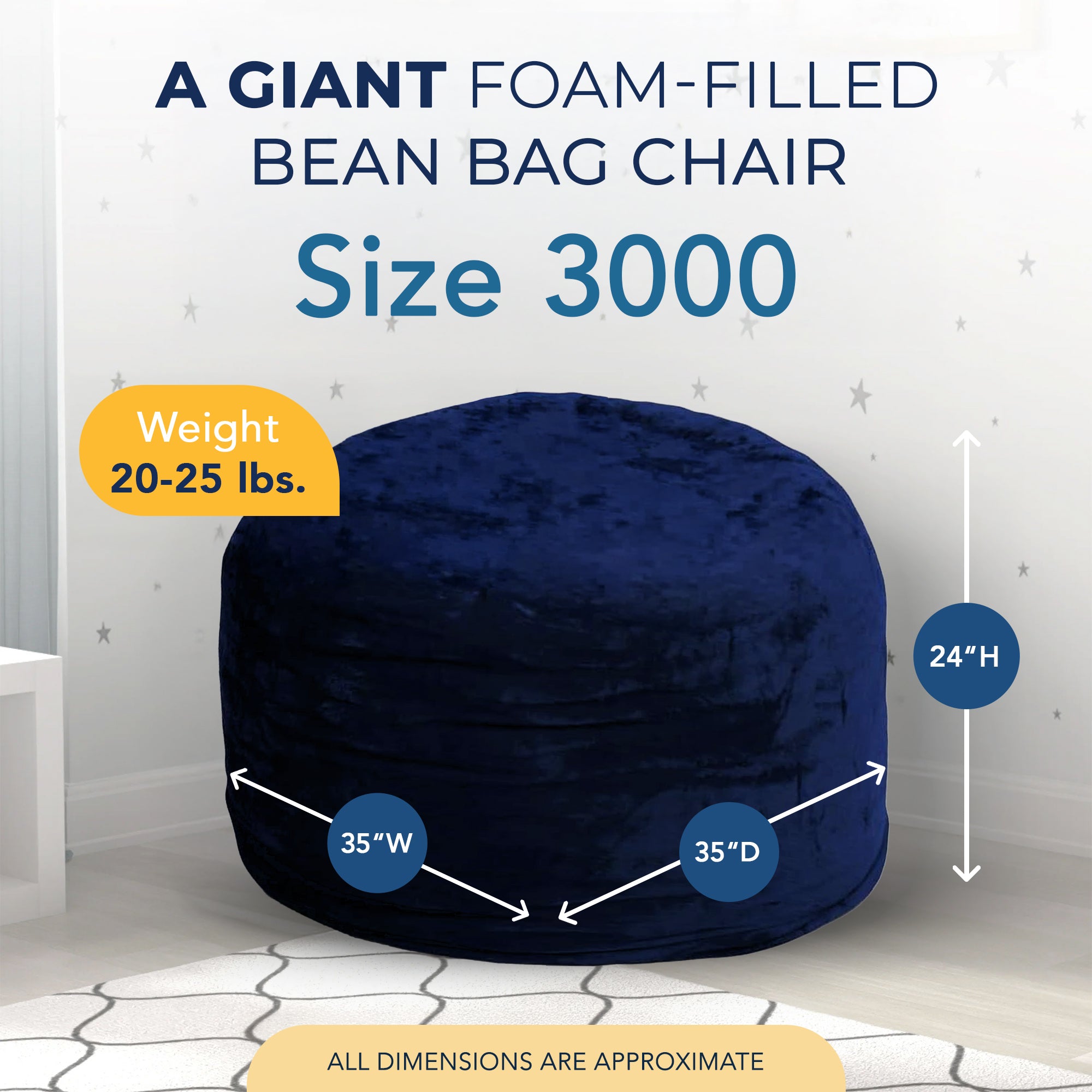 Ultimate Sack 3 ft Bean Bag Chair, Oversized Indoor Comfy Lounger, Navy Fur - VMInnovations