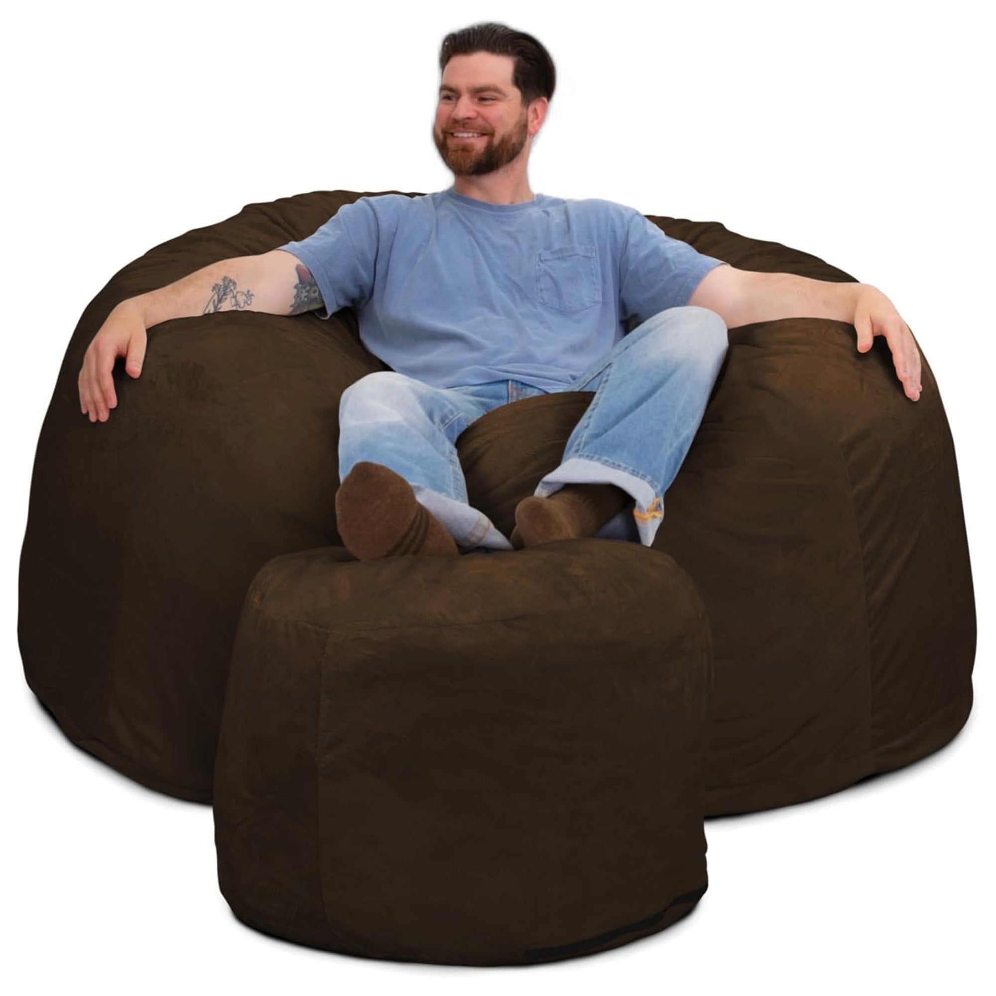 Ultimate Sack 5 Ft Foam Filled Fur Covered Bean Bag Chair with Footstool, Brown - VMInnovations