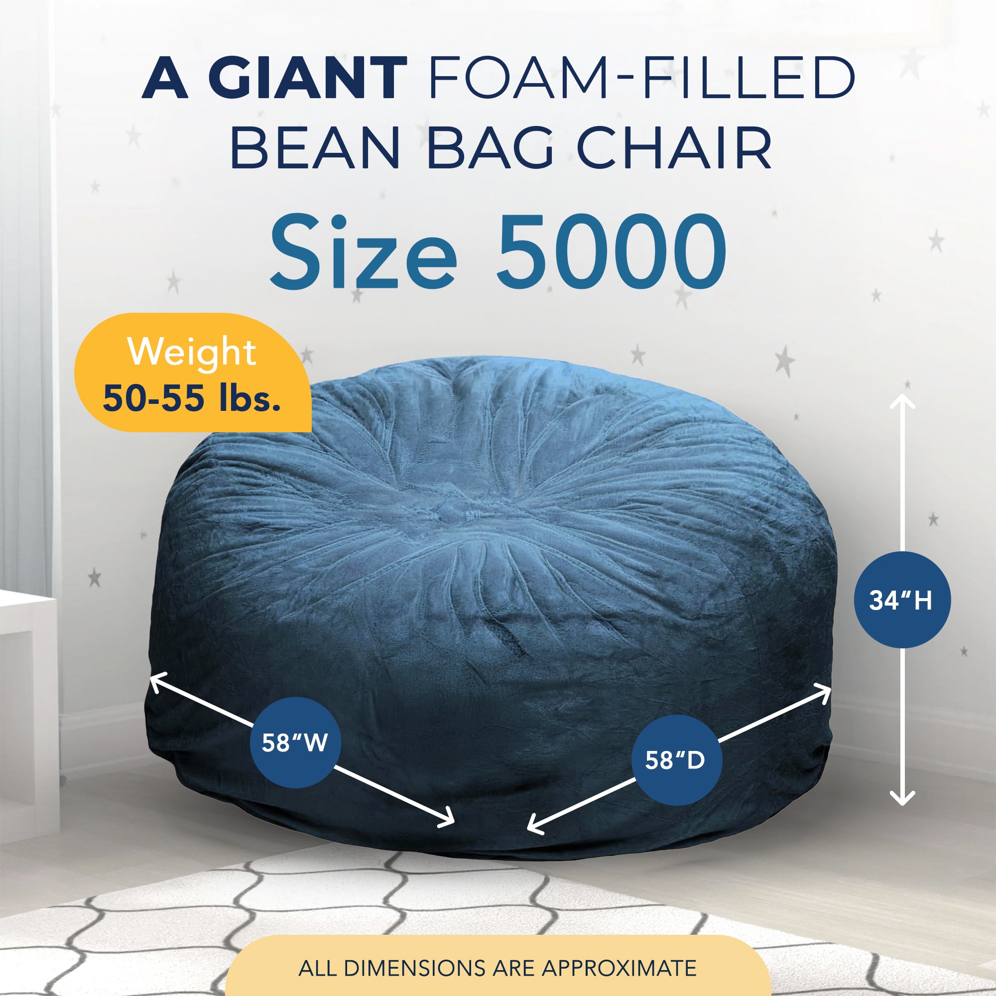 Ultimate Sack 5 Foot Foam Filled Washable Fur Covered Bean Bag Chair, Cloud - VMInnovations
