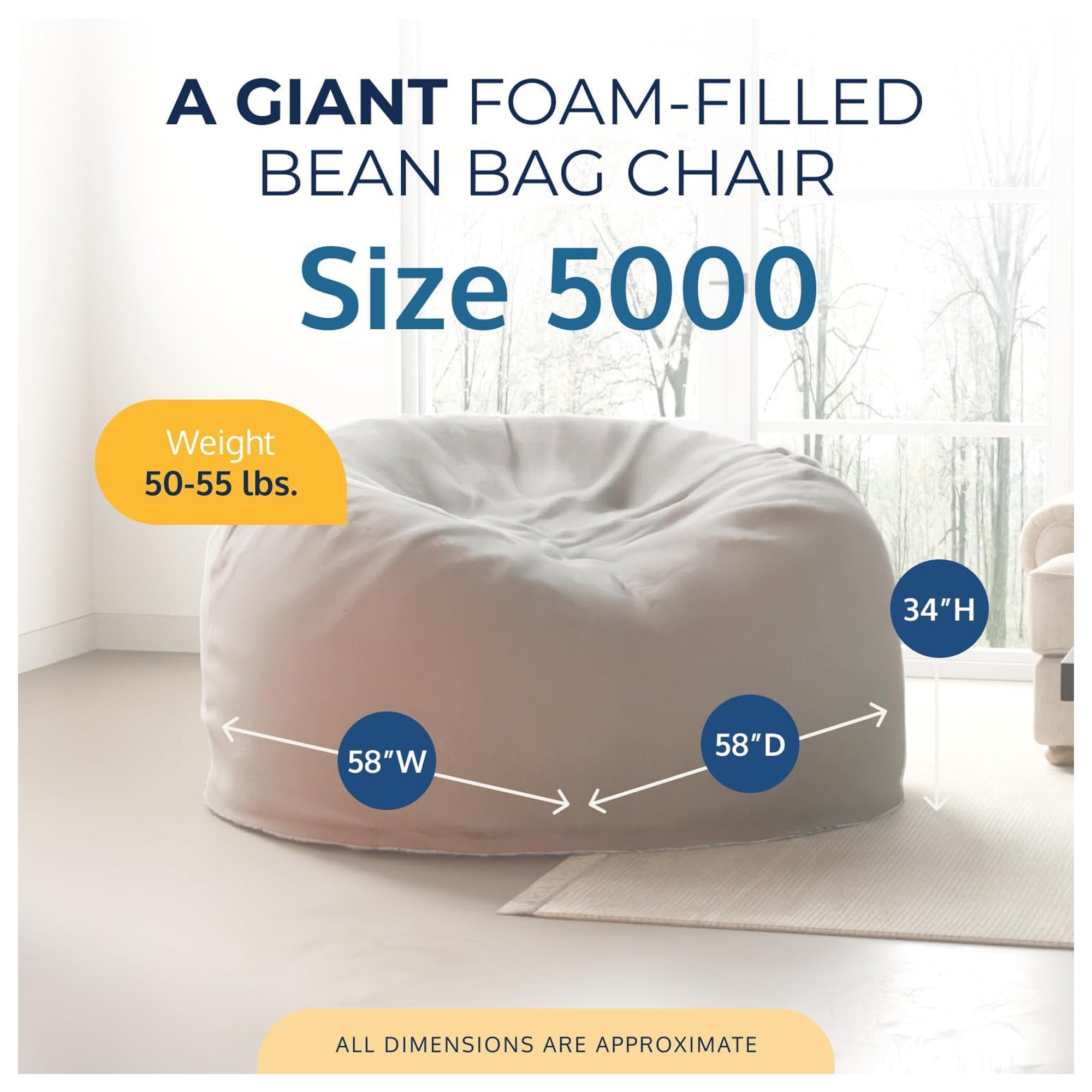 Ultimate Sack 5 Ft Foam Filled Fur Covered Bean Bag Chair with Footstool, Navy