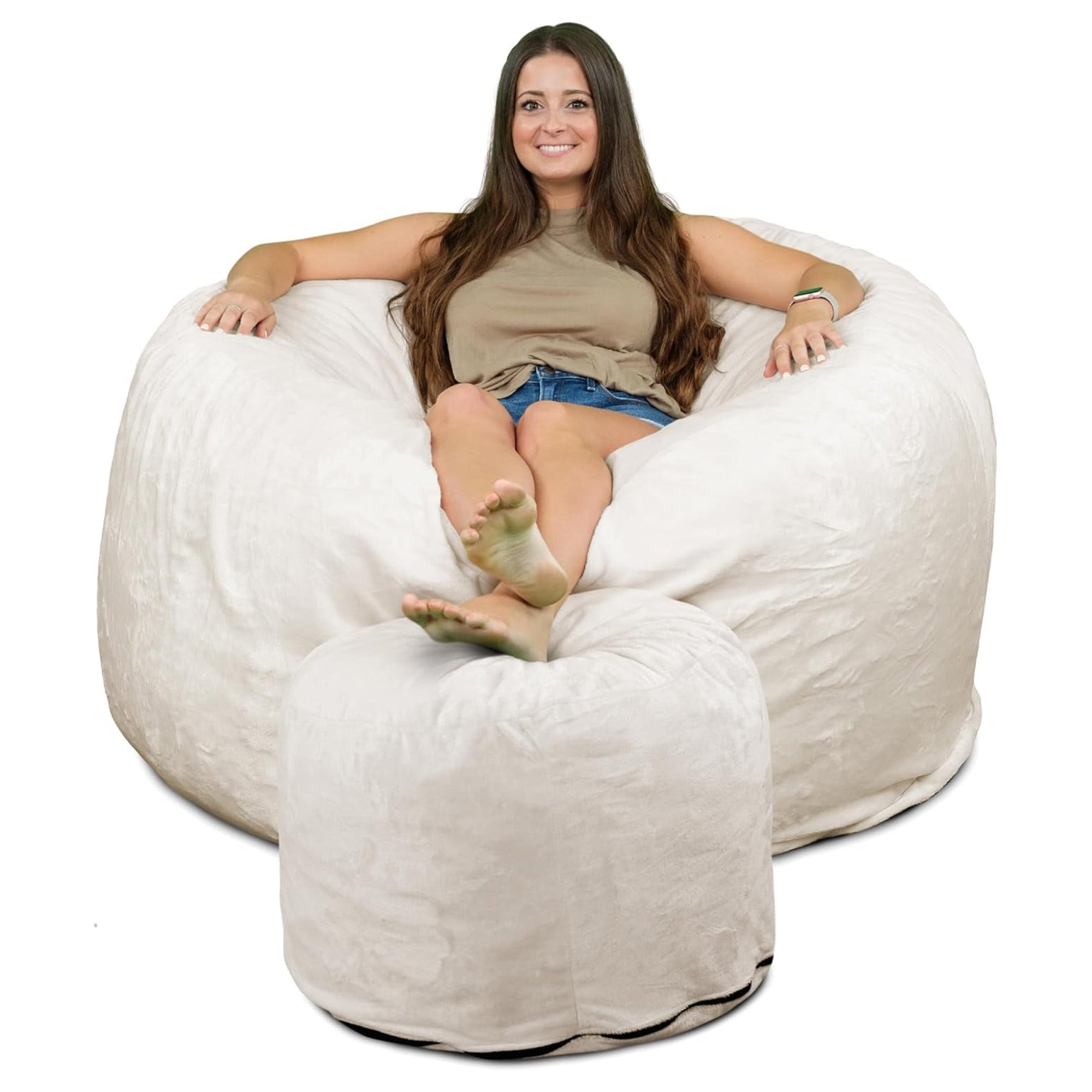 Ultimate Sack 5 Ft Foam Filled Fur Covered Bean Bag Chair with Footstool, Navy