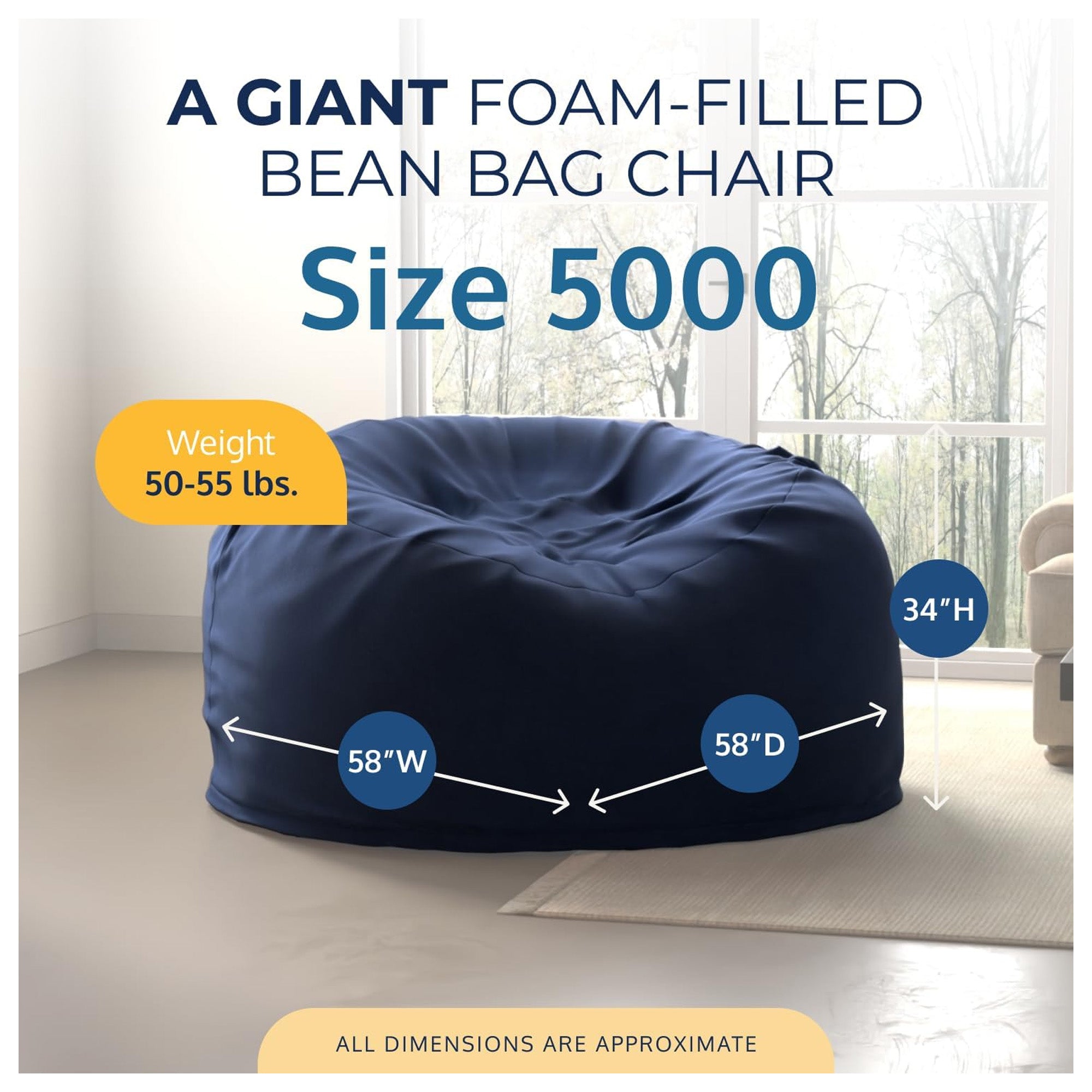 Ultimate Sack 5 Foot Foam Filled Washable Fur Covered Bean Bag Chair, Navy - VMInnovations