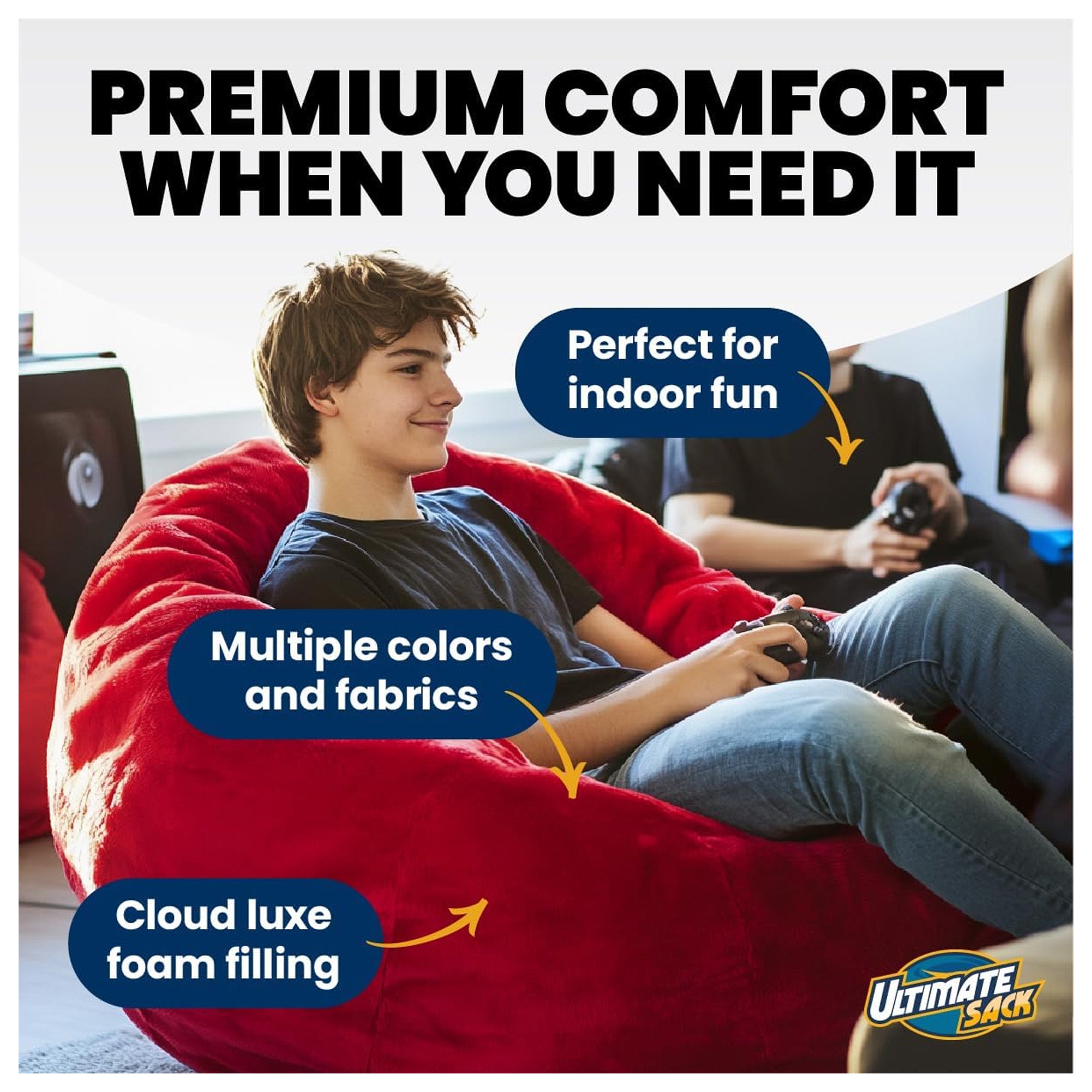 Ultimate Sack 5 Ft Foam Filled Fur Covered Bean Bag Chair with Footstool, Navy