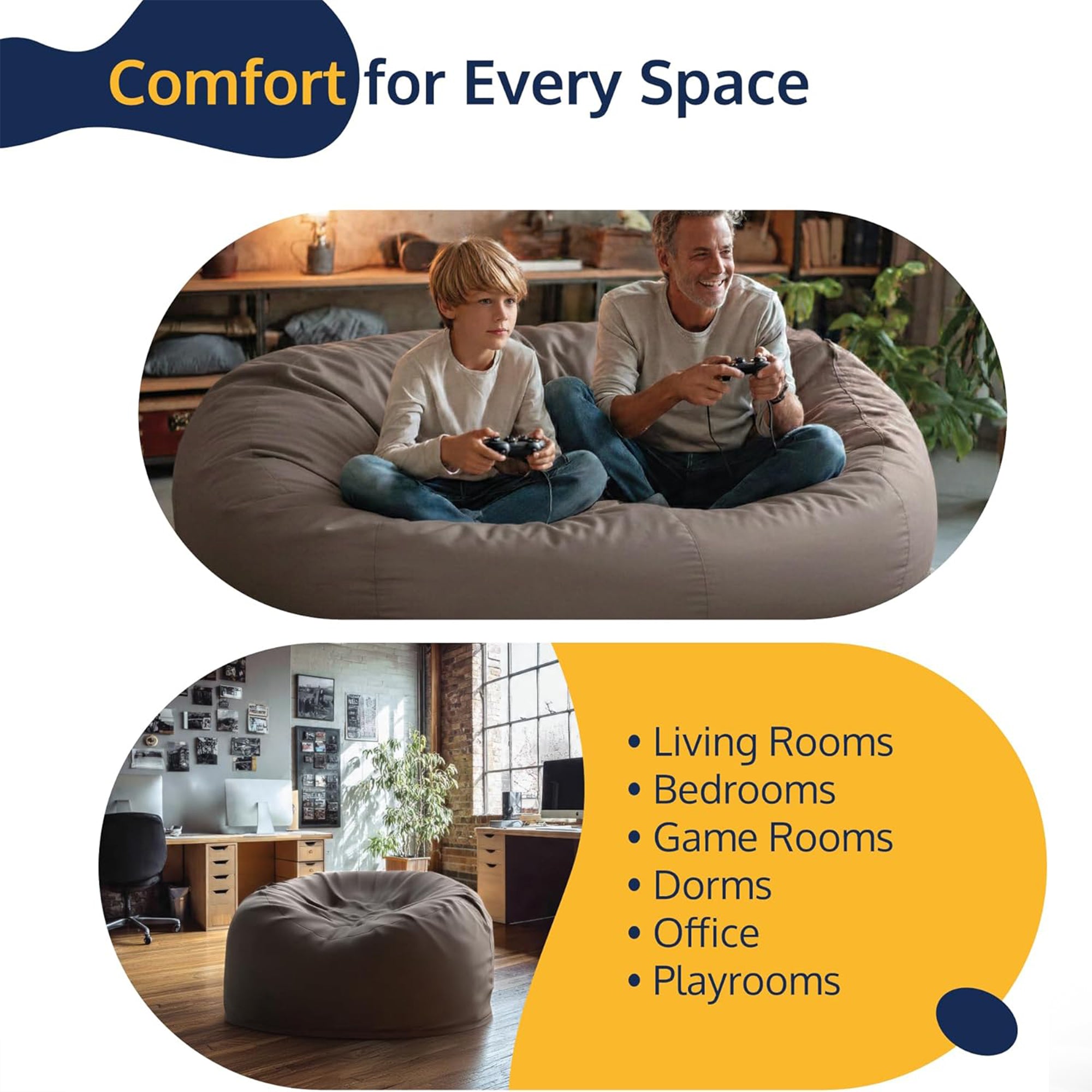 Ultimate Sack 5 Ft Foam Filled Fur Covered Bean Bag Chair with Footstool, Navy - VMInnovations