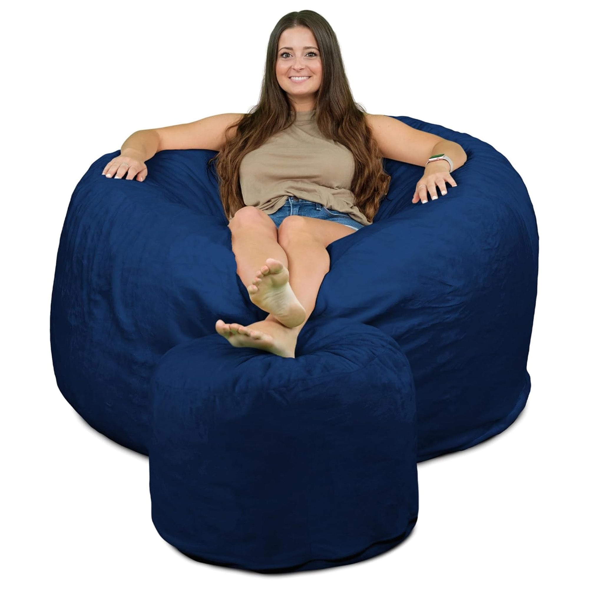 Ultimate Sack 5 Ft Foam Filled Fur Covered Bean Bag Chair with Footstool, Navy