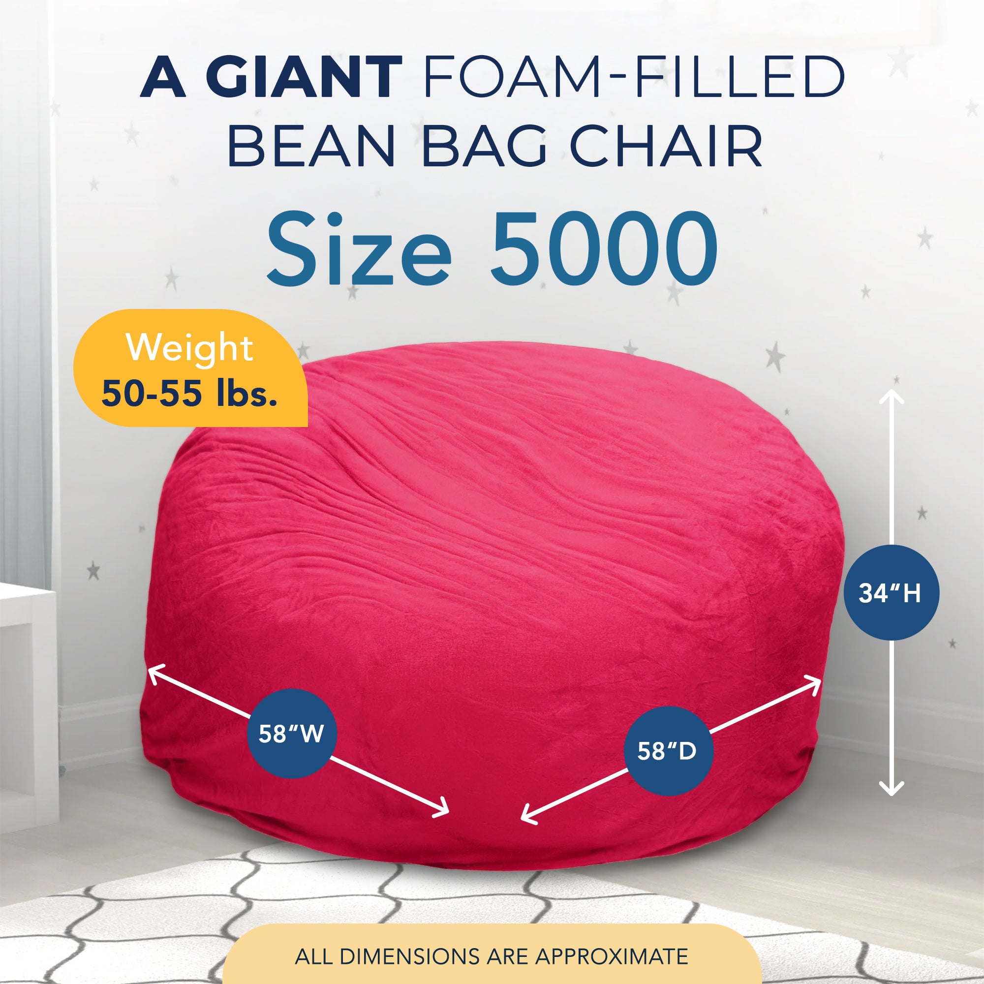 Ultimate Sack 5 Foot Foam Filled Washable Fur Covered Bean Bag Chair, Pink
