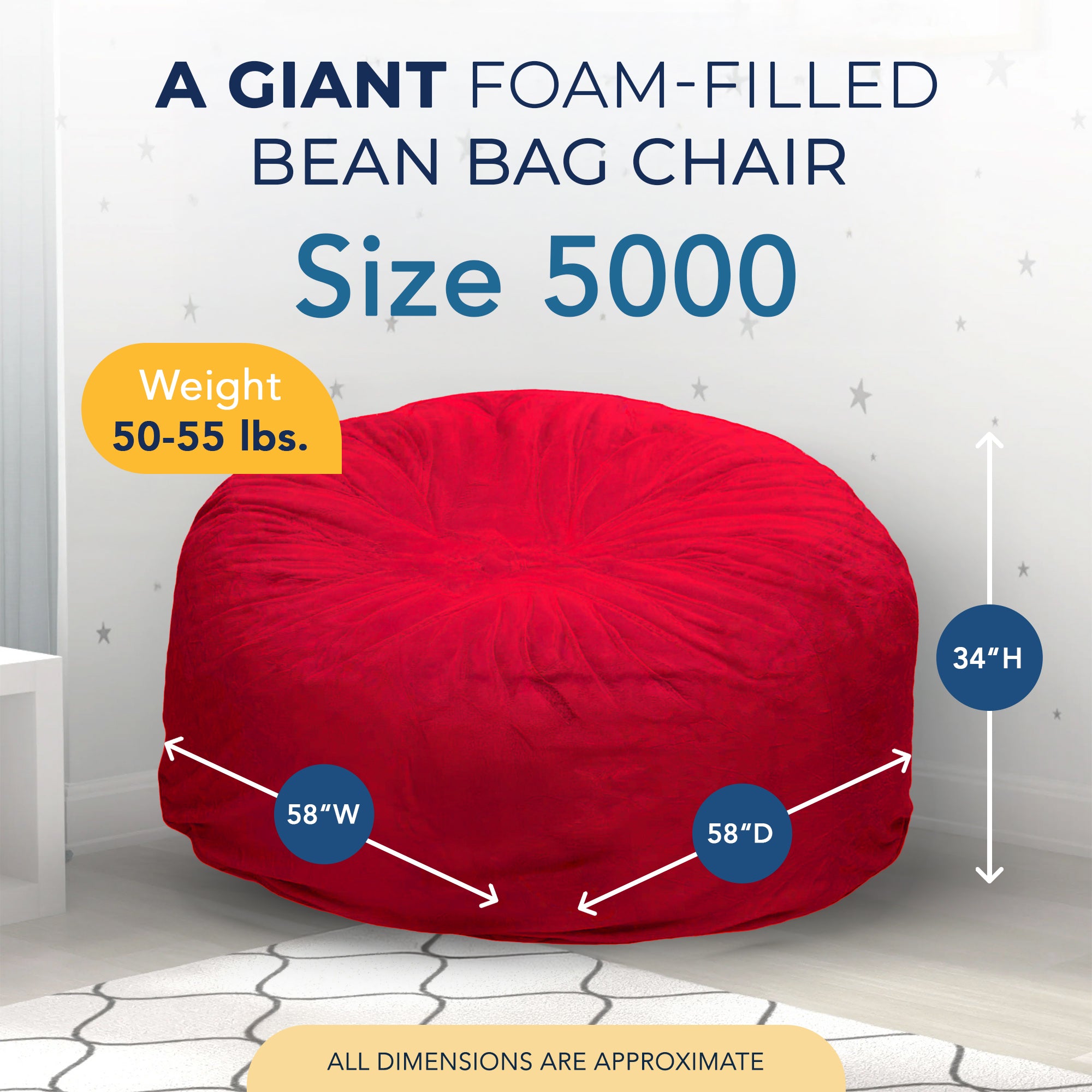 Ultimate Sack 5 Foot Foam Filled Washable Fur Covered Bean Bag Chair, Red - VMInnovations