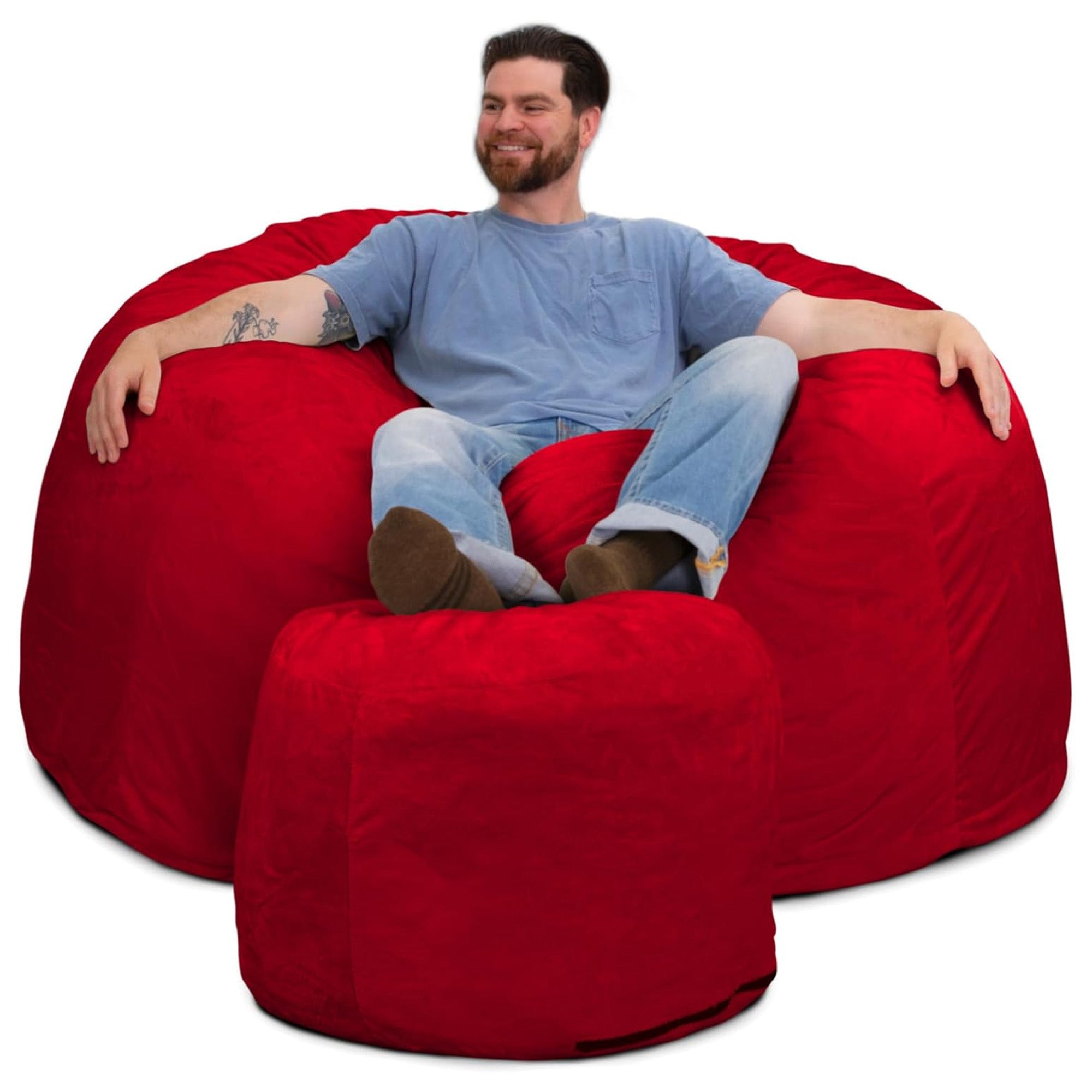 Ultimate Sack 5 Ft Foam Filled Fur Covered Bean Bag Chair with Footstool, Red