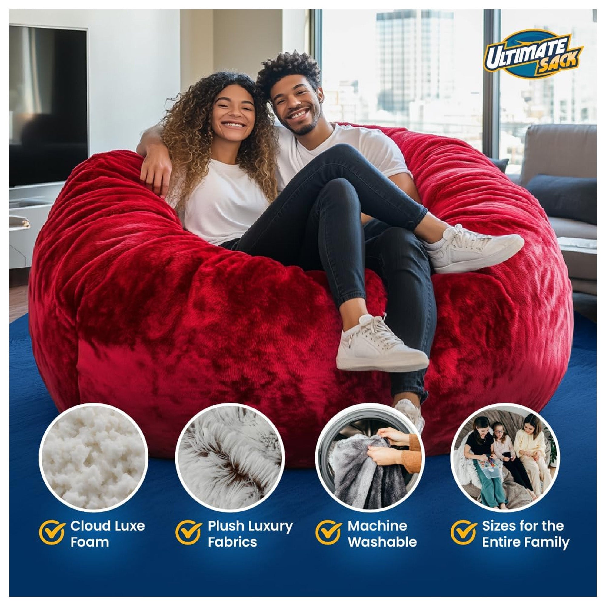 Ultimate Sack Lounger Bean Bag Chair Oversized Indoor Comfy Loveseat, Black Fur