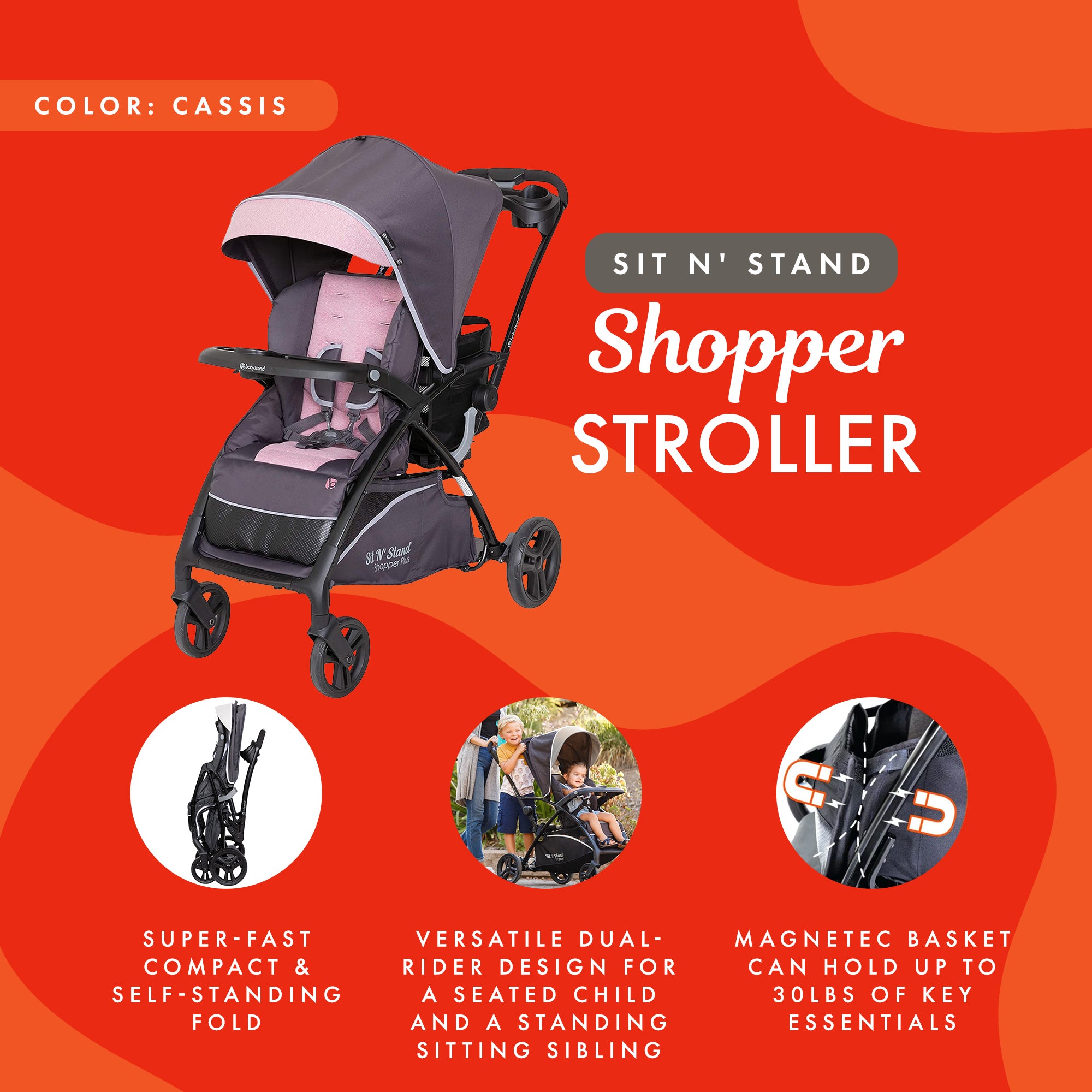 Baby Trend Sit N' Stand 5-n-1 Shopper Plus Stroller, Canopy & Bench Tote, Cassis - VMInnovations