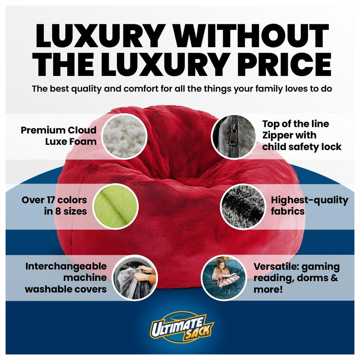 Ultimate Sack 5 Ft Foam Filled Fur Covered Bean Bag Chair w/Footstool, Cloud