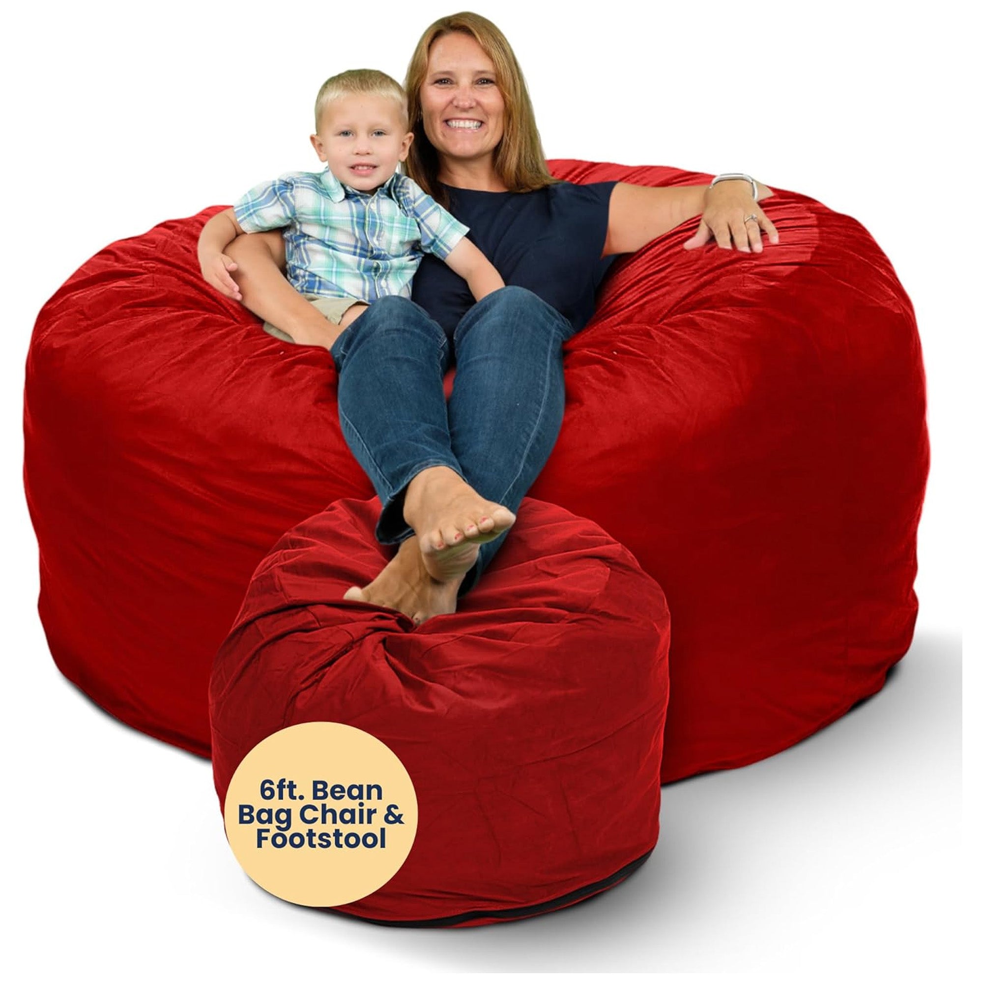Ultimate Sack 6ft Bean Bag Chair and Footstool, Oversized Lounger, Red Suede
