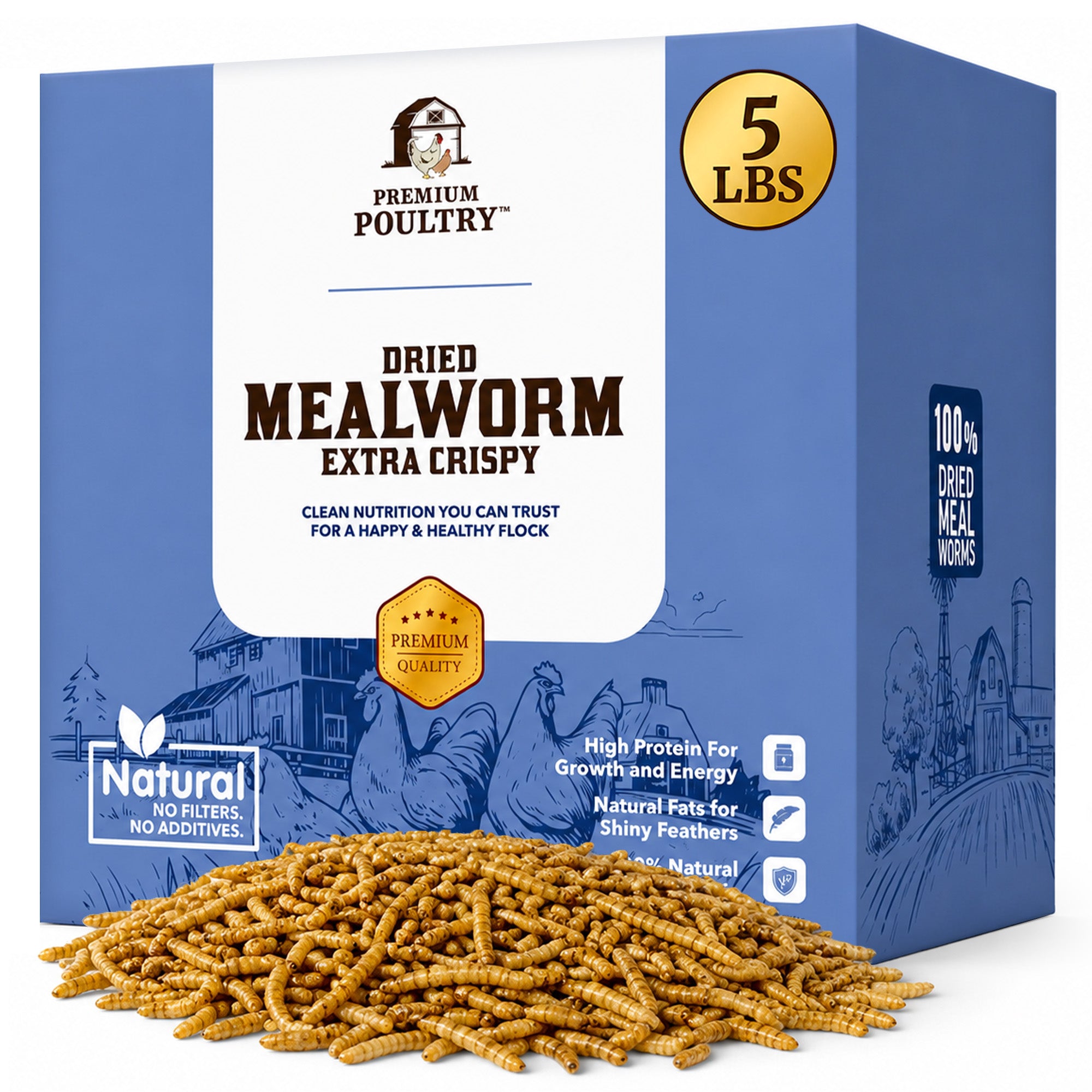 Dried Mealworms for Chickens – High Protein Chicken Treats for Egg Production & Flock Health – Bulk Mealworms for Ducks, Wild Birds, Reptiles & Backyard Poultry Feed, 5lb