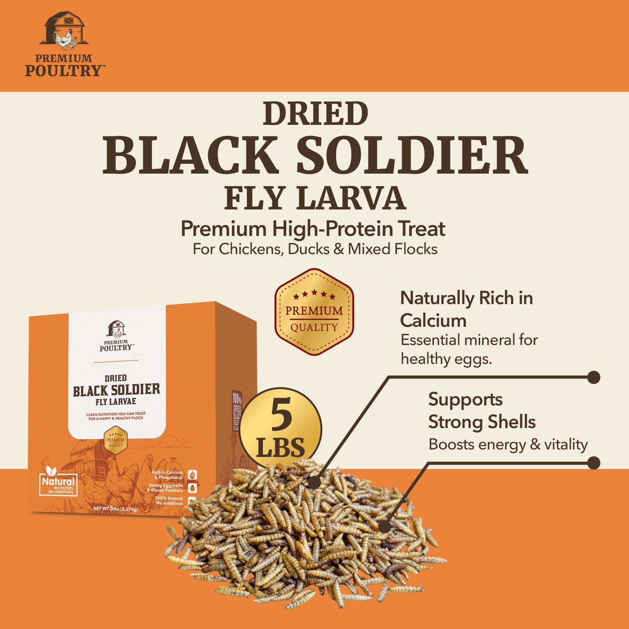 Premium Poultry 10 lb Dried Black Soldier Fly Larvae Chicken Feed Protein Treats