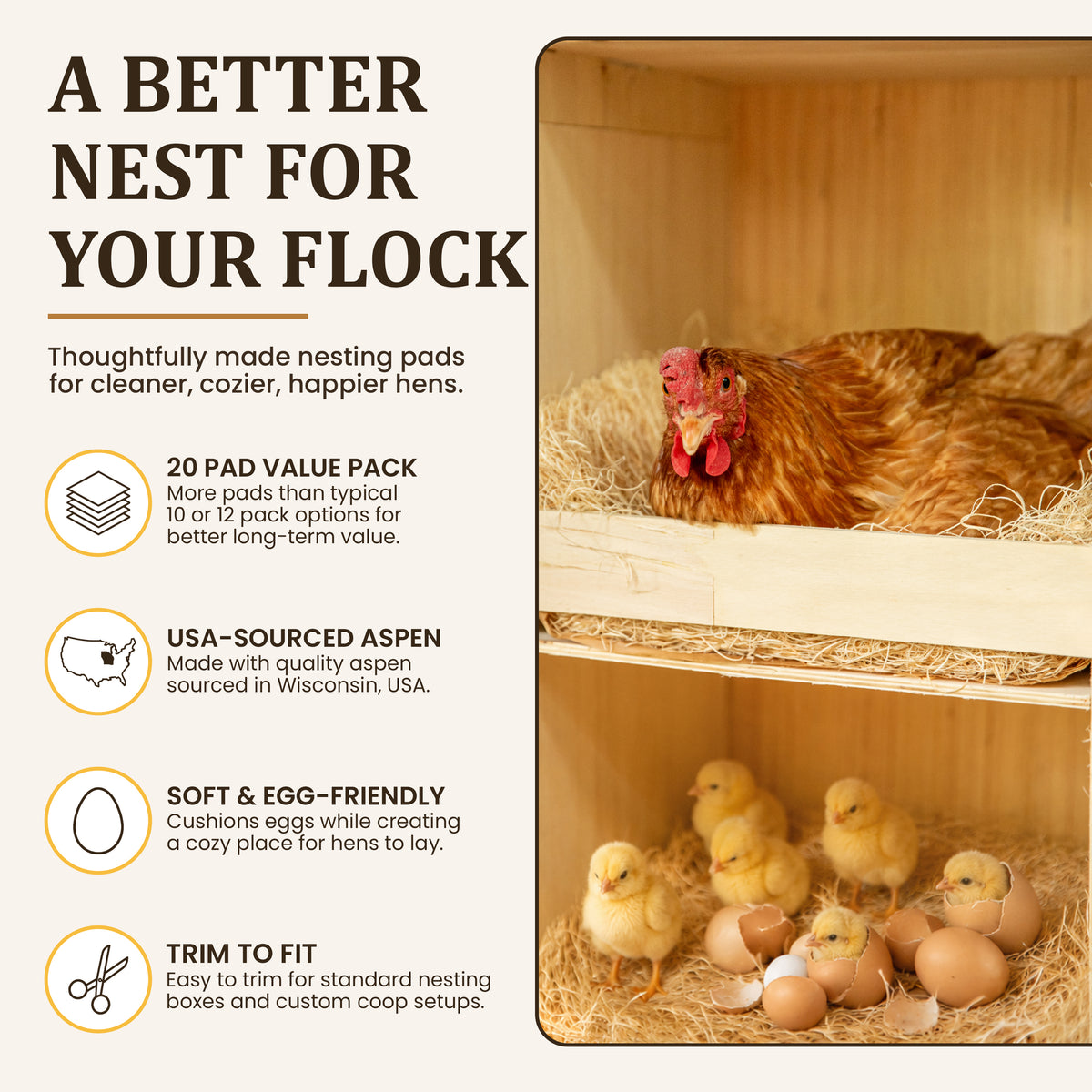 Premium Poultry 20-Pack Aspen Nesting Pads for Chicken Coop Nest Boxes, Tan - VMInnovations
