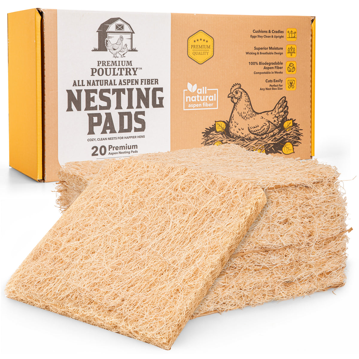 Premium Poultry 20-Pack Aspen Nesting Pads for Chicken Coop Nest Boxes, Tan - VMInnovations