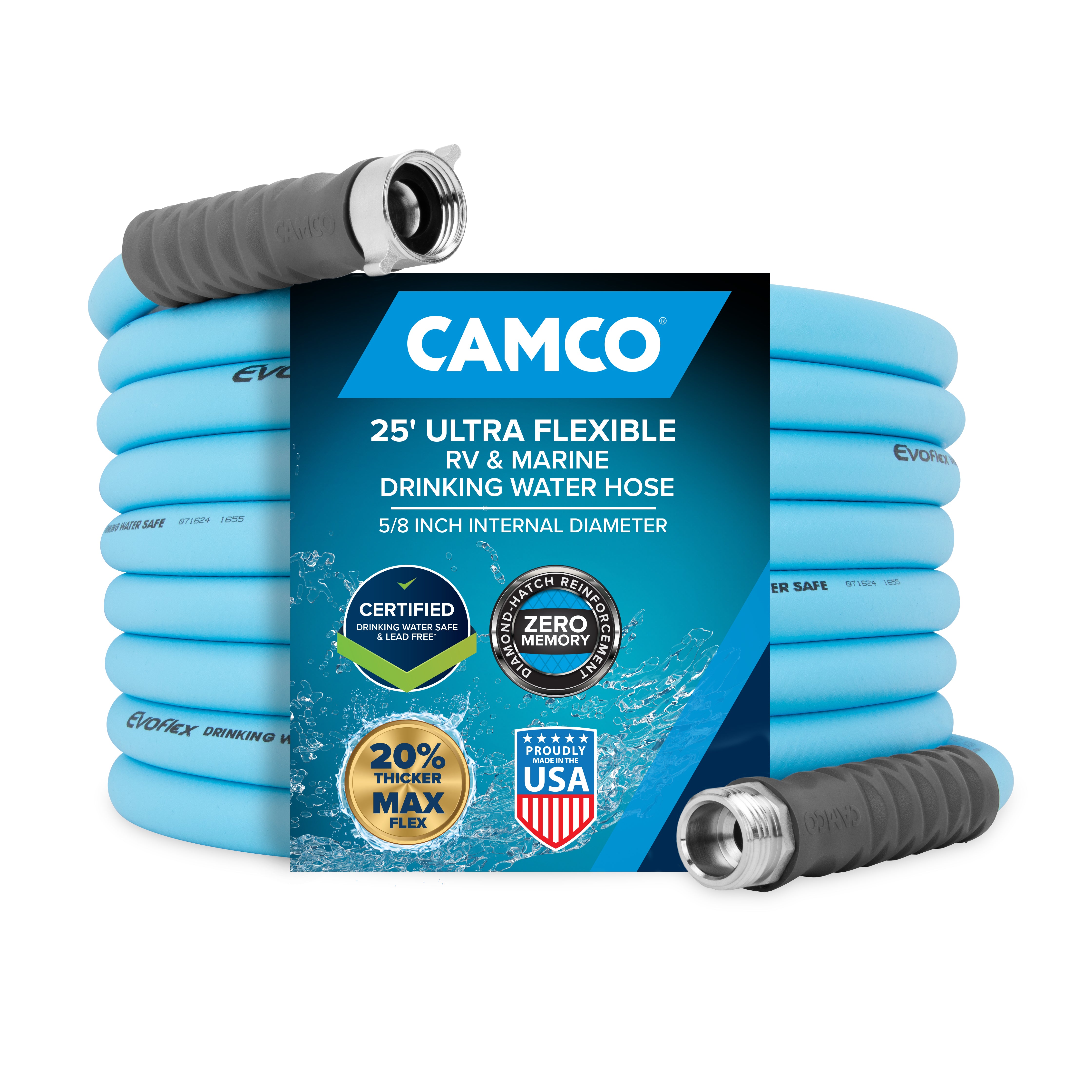 Camco EVOFlex 25 Ft RV Drinking Water Hose with Extra Flexible Design, Blue