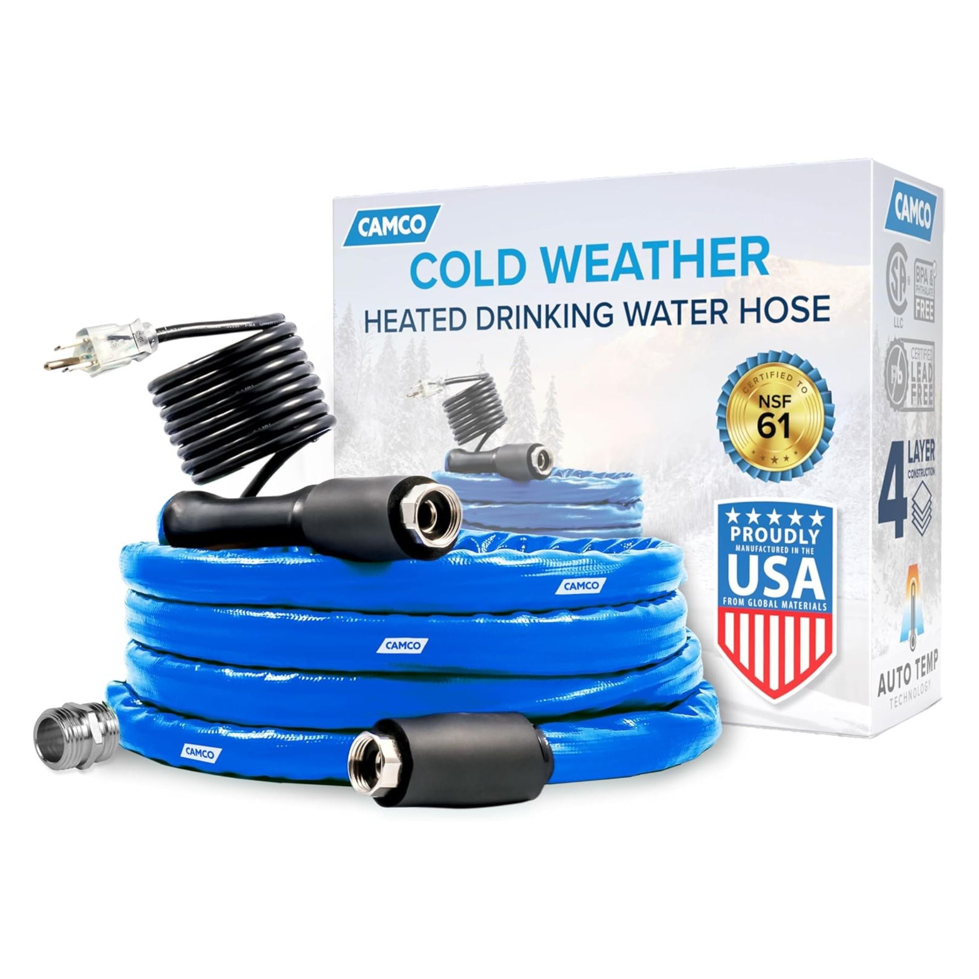 Camco 12 Ft Heated Water Hose for RV with Freeze Protection and Adapter, Blue