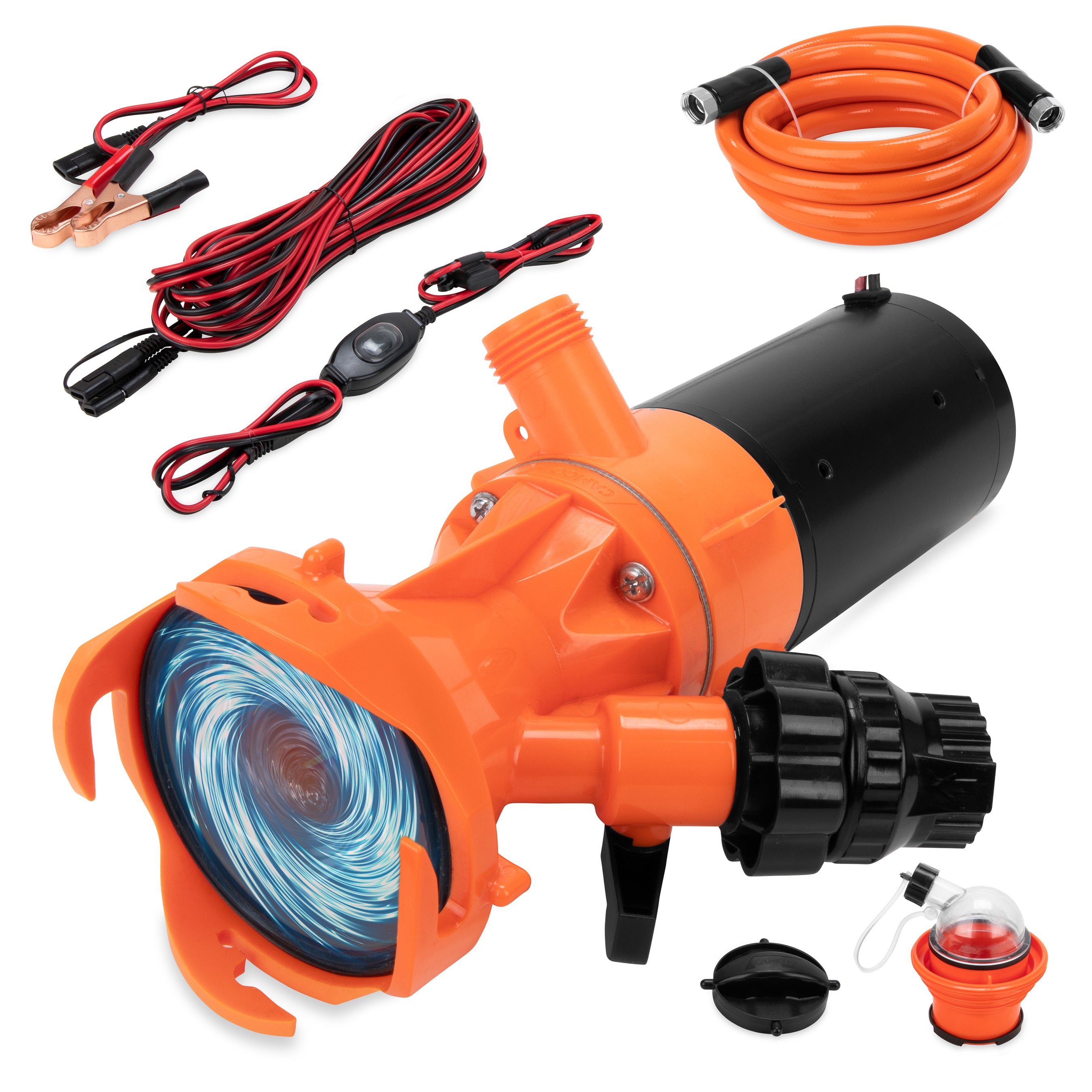 Rhino Sewer Macerator Pump System for Campers or RVs with 4-in-1 Adapter, Orange