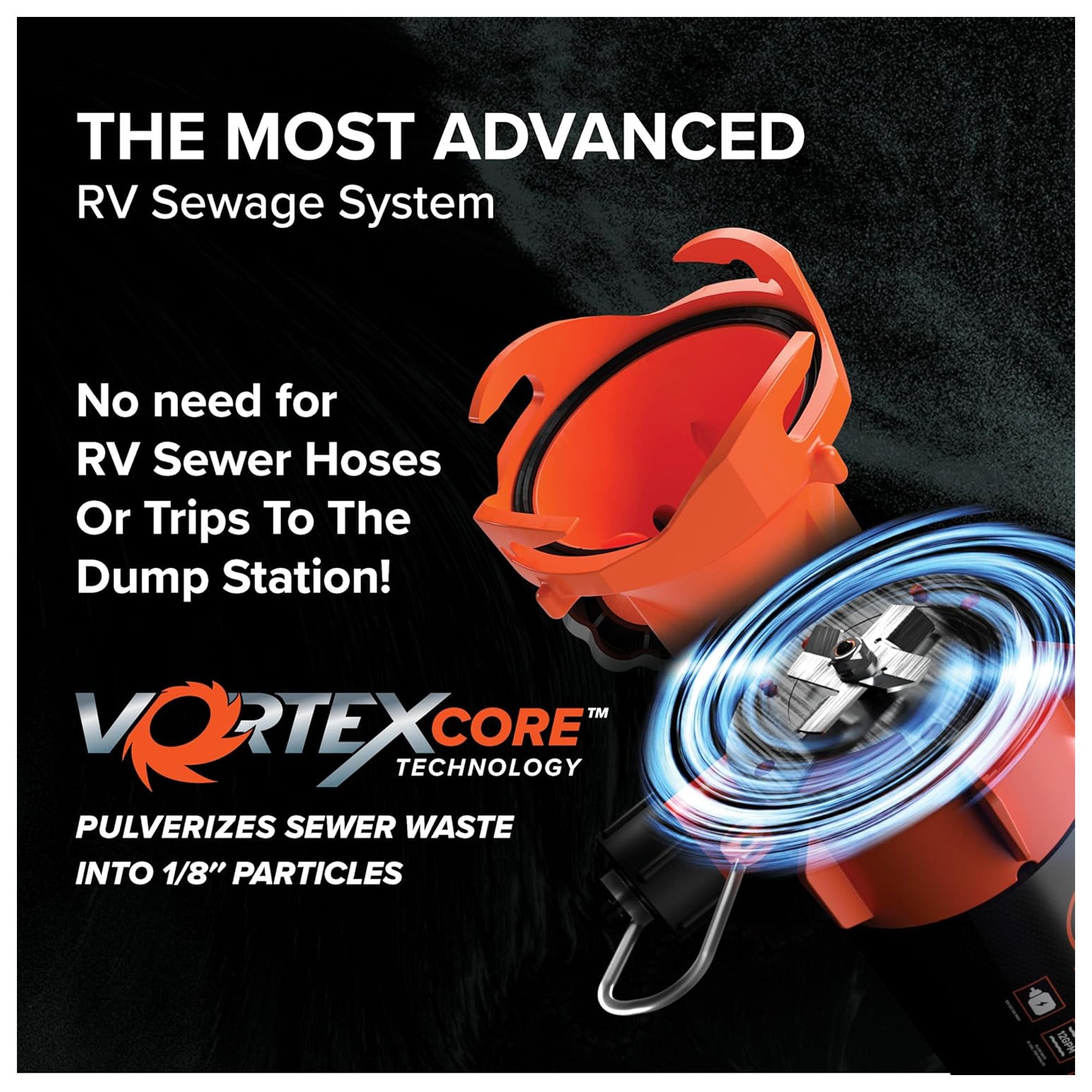 Rhino Sewer Macerator Pump System for Campers or RVs with 4-in-1 Adapter, Orange