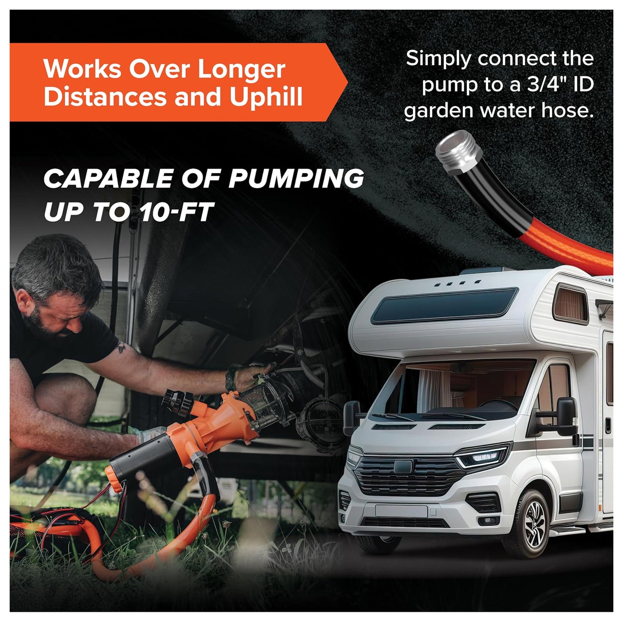 Rhino Sewer Macerator Pump System for Campers or RVs with 4-in-1 Adapter, Orange - VMInnovations