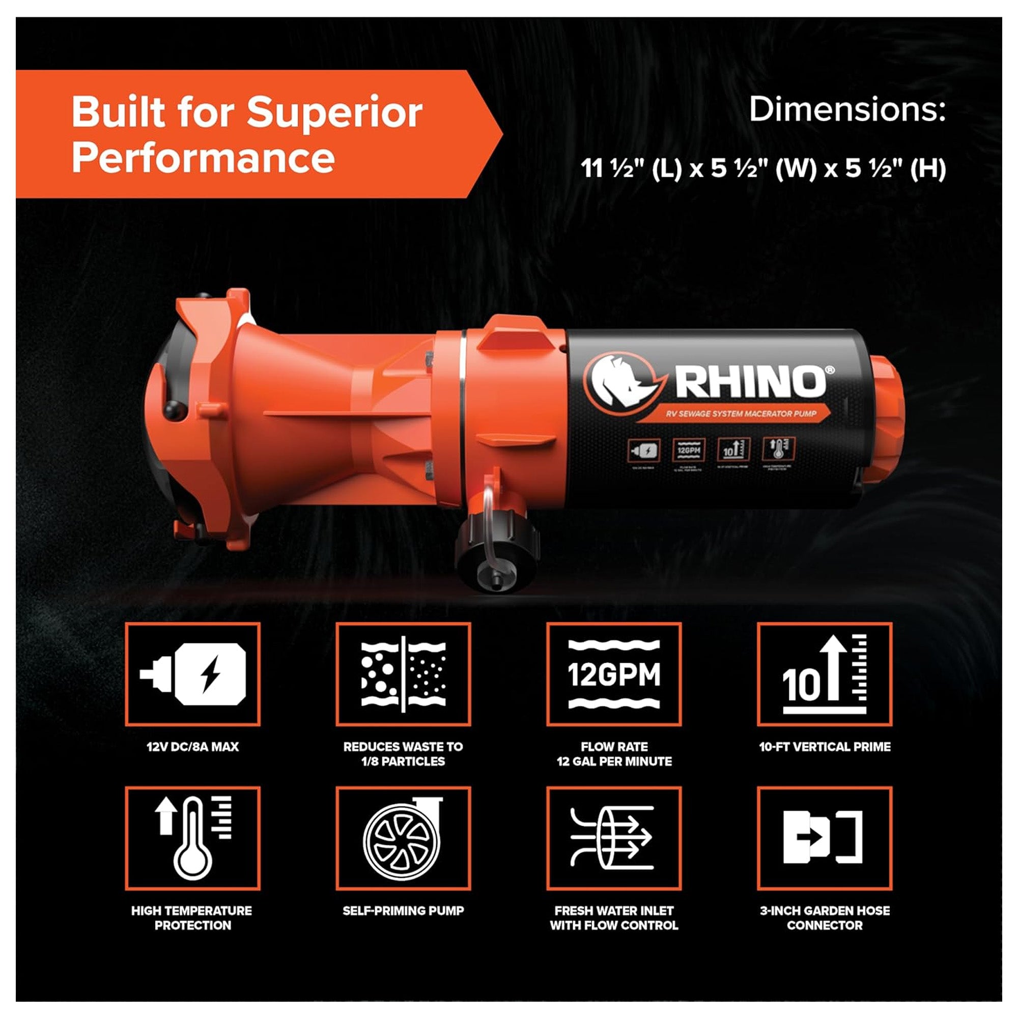 Rhino Sewer Macerator Pump System for Campers or RVs with 4-in-1 Adapter, Orange